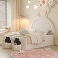 Full Size Upholstered Rabbit Shape Bed With 2 Storage Stools, Velvet Platform Bed With Cartoon Ears Shaped Headboard, White Full White Wood