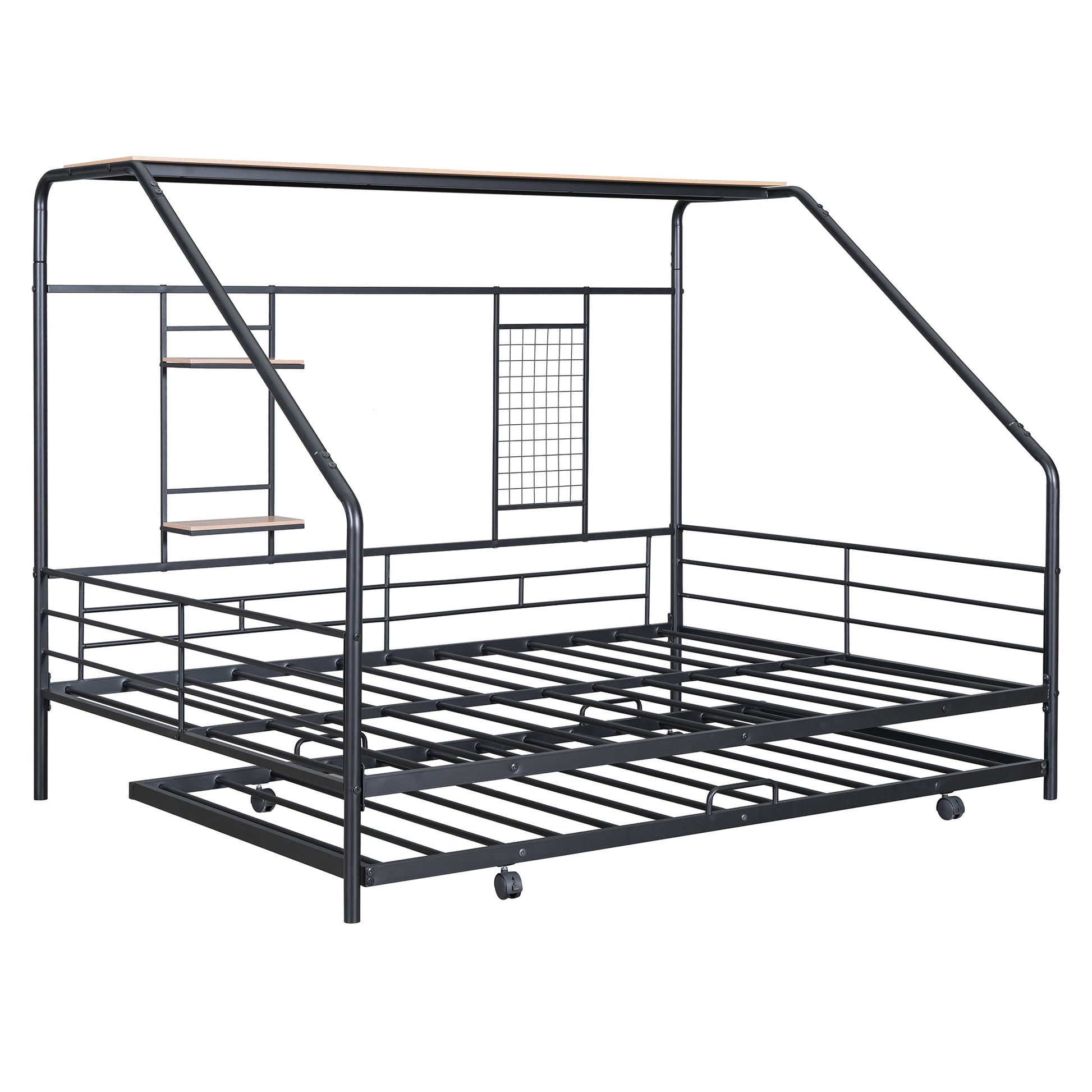 Full Size Metal House Bed With Trundle, Black Full Black Metal