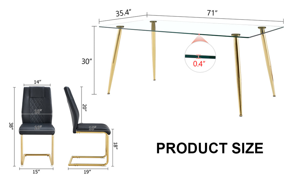 Table And Chair Set.Modern Rectangular Glass Dining Table With A Tempered Glass Tabletop And Metal Legs, Paired With Multiple Chairs Designed With Pu Cushions And Golden Metal Legs. Black Gold Seats 6 Tempered Glass