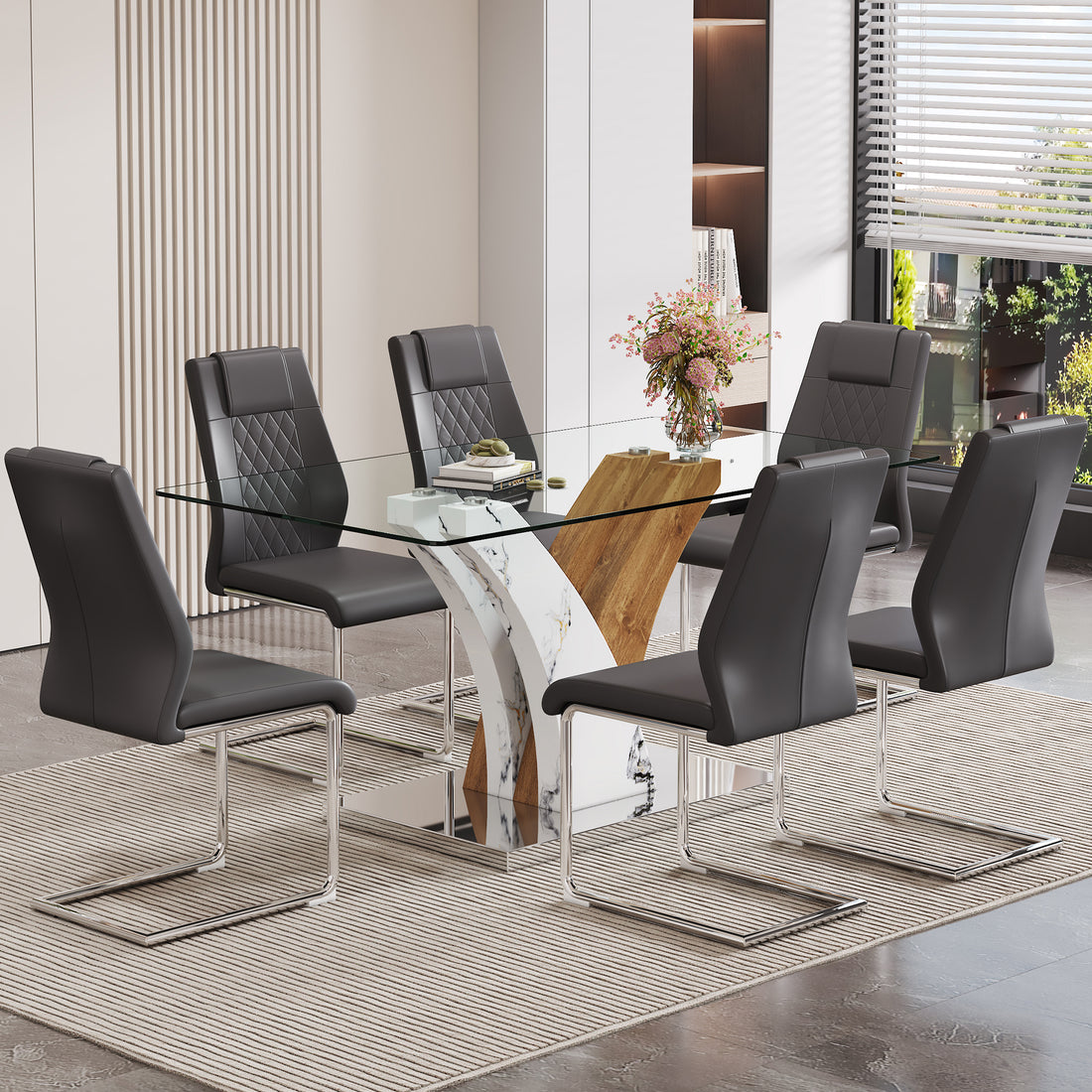 Table And Chair Set.Modern Dining Table, Tempered Glass Countertop With Artistic Mdf Legs.Paried With 6 Comfortable Chairs With Pu Seats And Metal Legs. Suitable For Various Decoration Styles. Gray,Transparent Seats 6 Mdf Glass