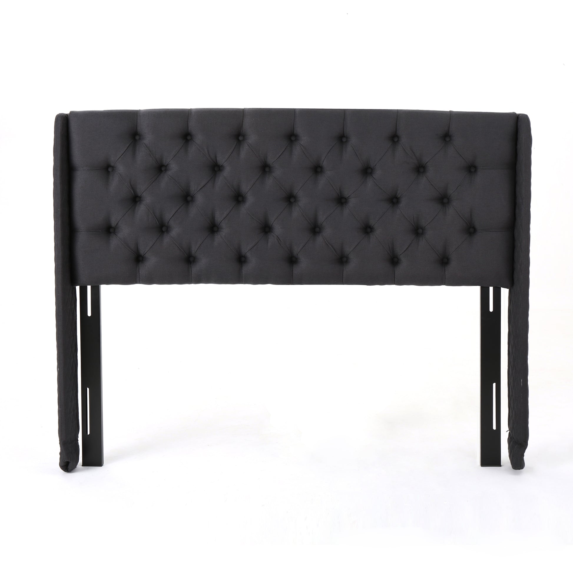Upholstered Wingback Headboard, Button Tufted Upholstery, Sturdy Structure, King Size, Black Black Fabric