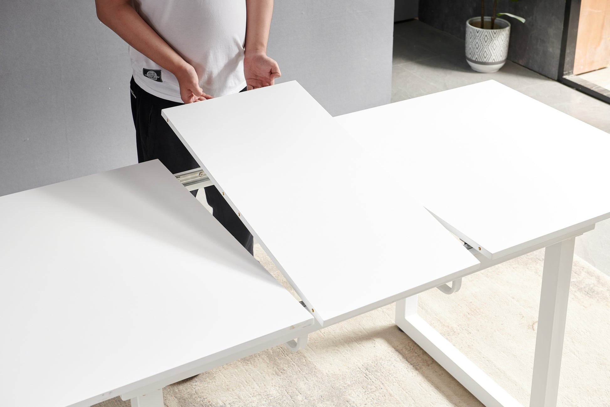 White Color,Square Extendable Dining Table With Metal Leg,Modern Space Saving Kitchen Table For Living Room 70.86" W X 31.5" D X 29.5" H Antique White Mdf Metal