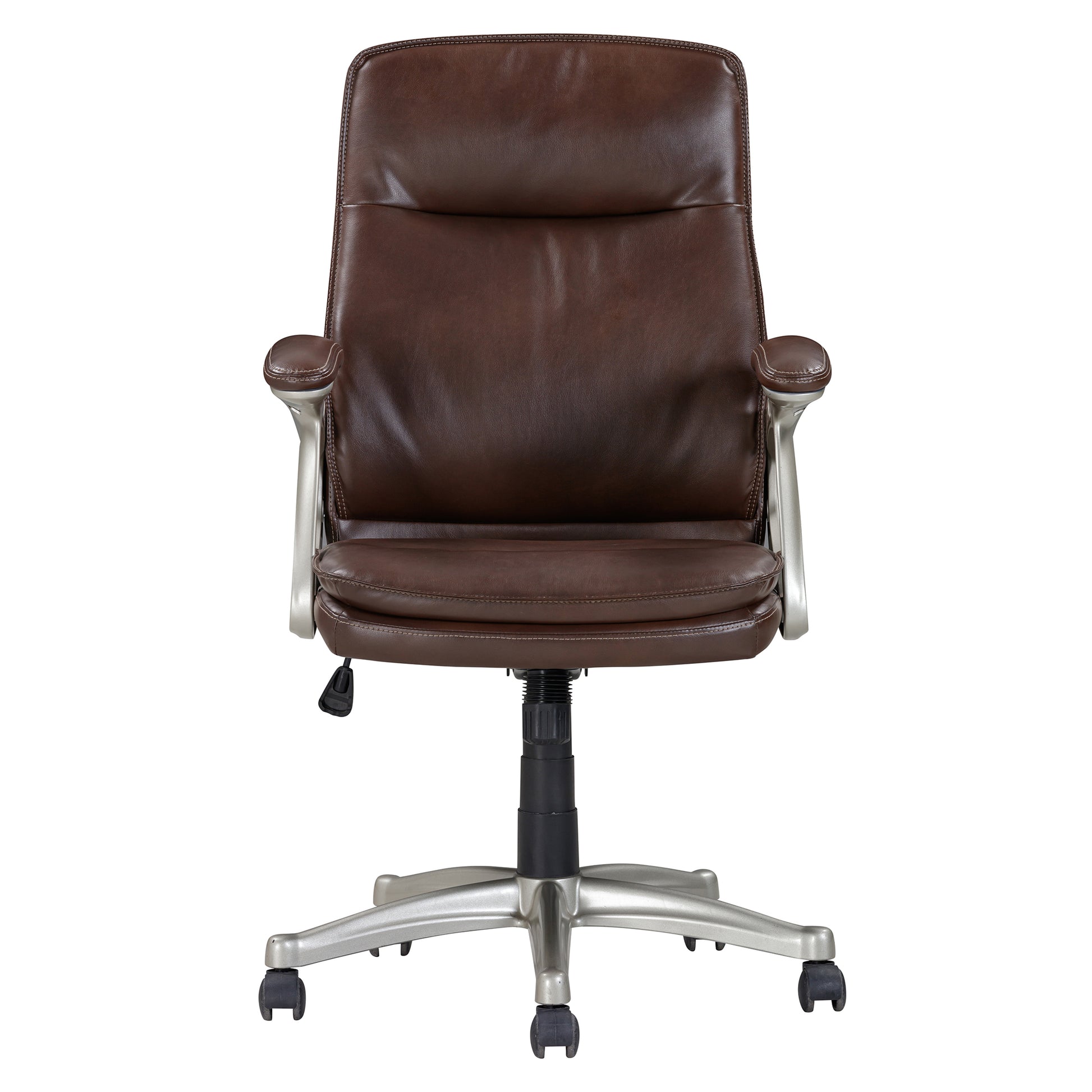Mid Back Brown Faux Leather Swivel Office Executive Chair, Ergonomic Conference Desk Chair, Brown Silver Caster Plastic Brown,Silver Office Foam Rectangular Contemporary Push Button Office Chairs Solid Back Plywood Adjustable Height Faux Leather