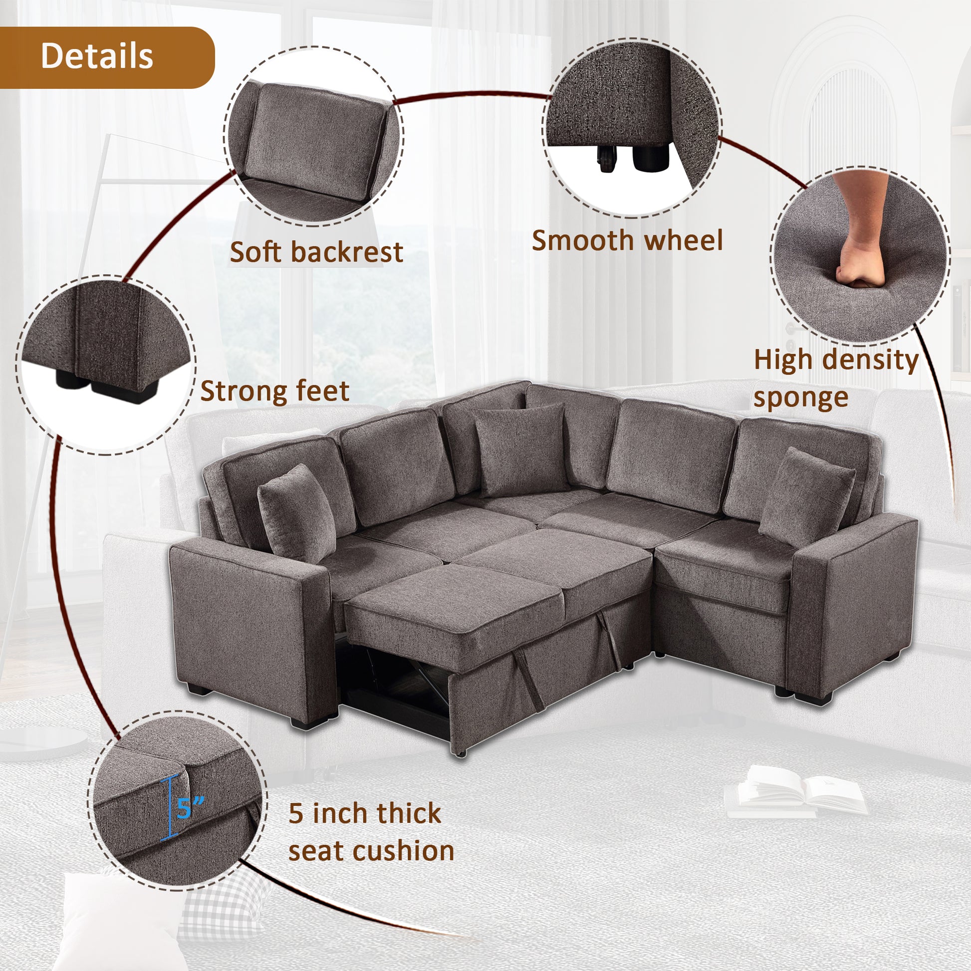 Modular Sofa, Sectional Couch L Shaped Sofa Couch With Pullout Sleeper, 5 Seat Chenille Corner Sofa For Living Room, 3 Pillows Included, Light Brown Light Brown Chenille Foam Plywood 5 Seat