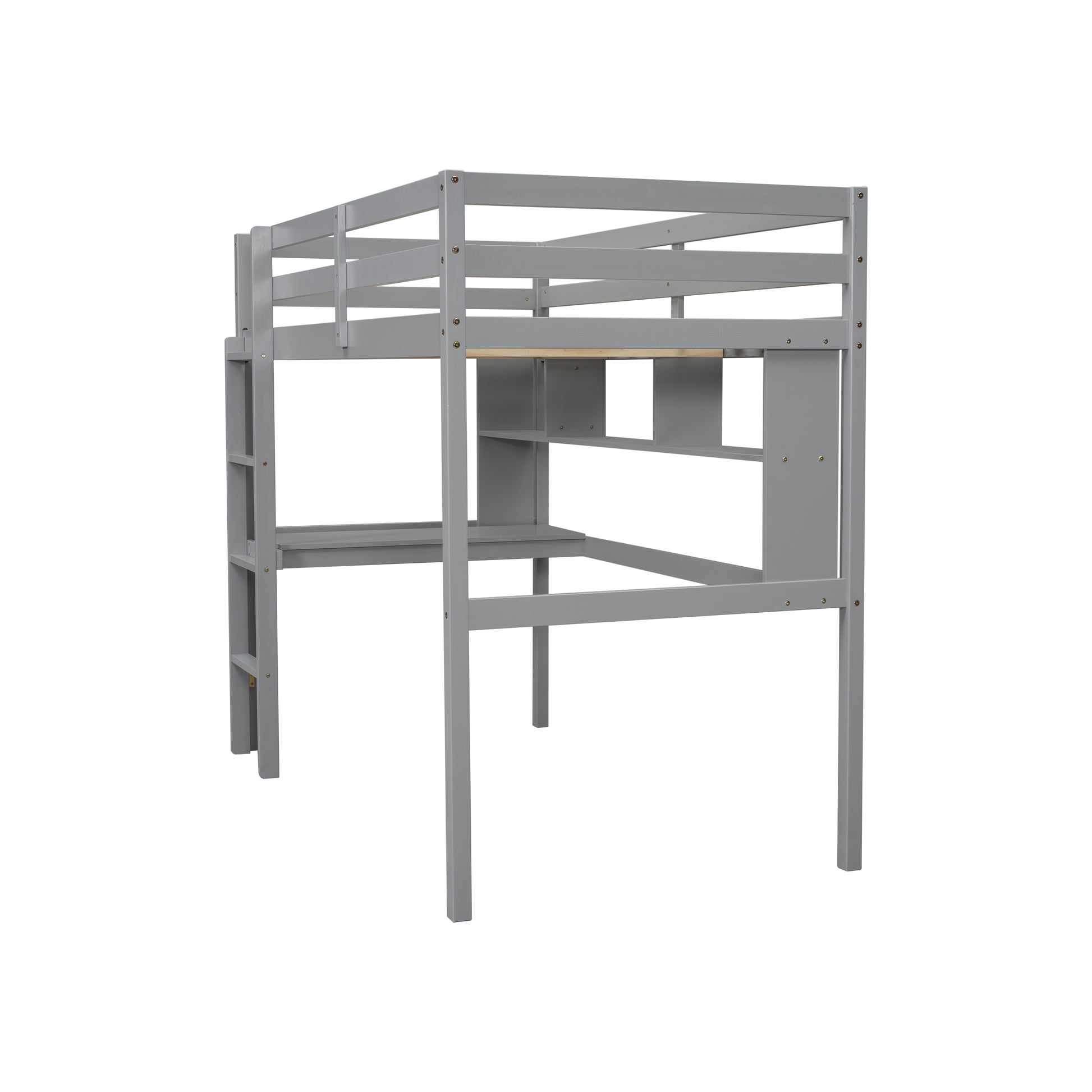 Twin Size Loft Bed With Desk And Shelves, Safety Guardrail And Ladder,Grey Twin Grey Pine