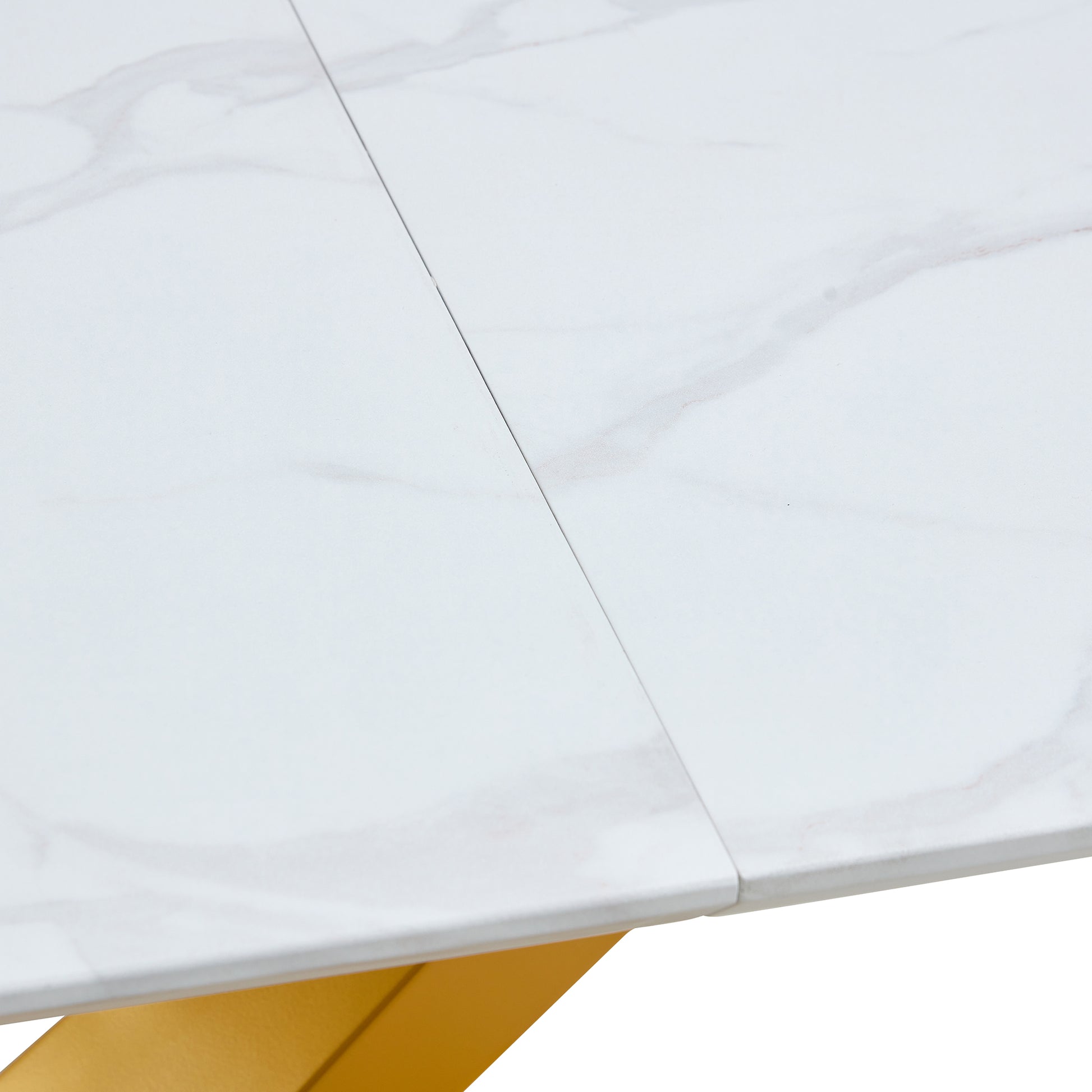 Table And Chair Set, The Table Is Equipped With A Marble Patterned Mdf Tabletop And Gold Table Legs.Dining Chairs,Gold Legged Upholstered Chairs Made Of Artificial Leather. Gold White Seats 6 Mdf