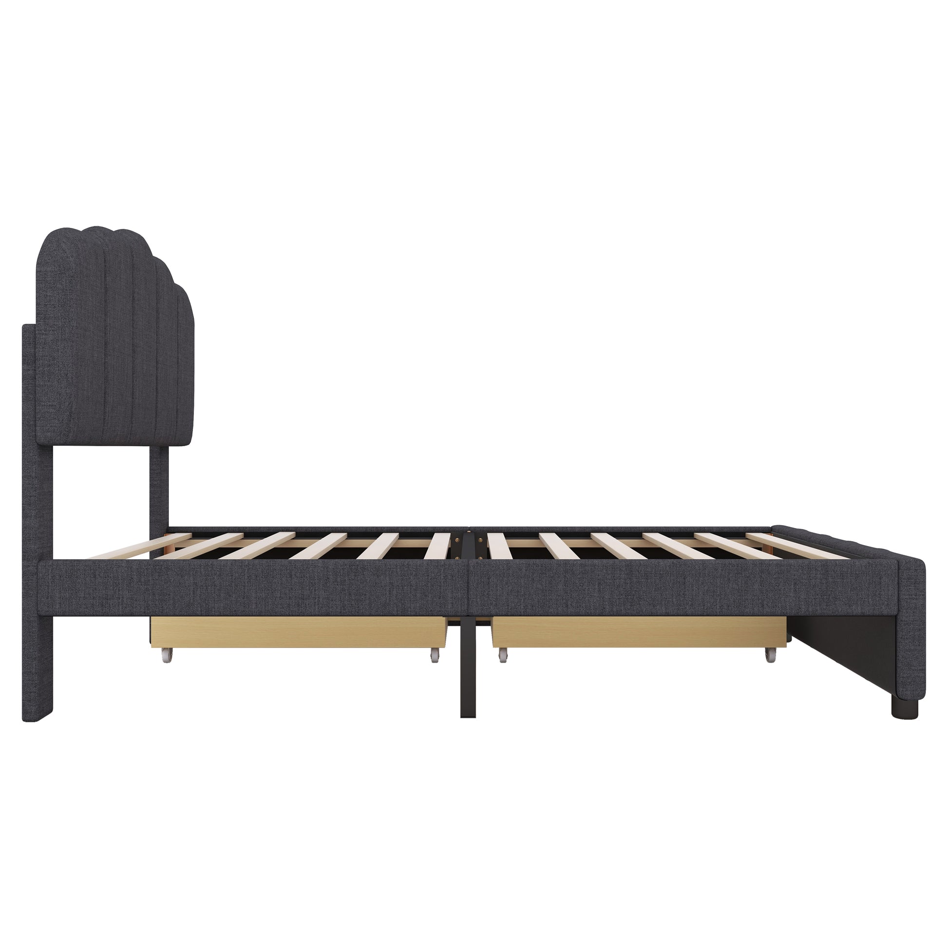 Twin Size Upholstered Bed With 2 Storage Drawers,Wood Slat Support, Gray Twin Gray Upholstered