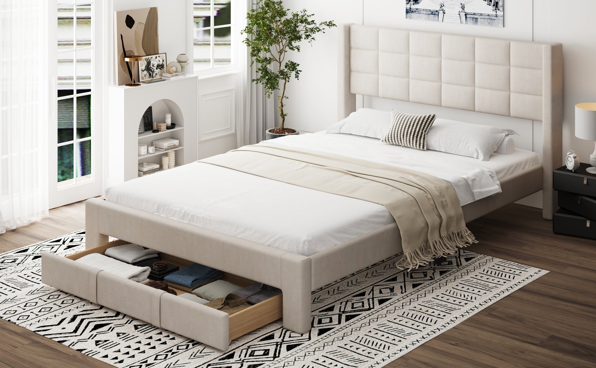 Queen Size Upholstered Platform Bed With A Big Drawer, Beige Box Spring Not Required Queen Beige Wood Bedroom Bed Frame Polyester Upholstered