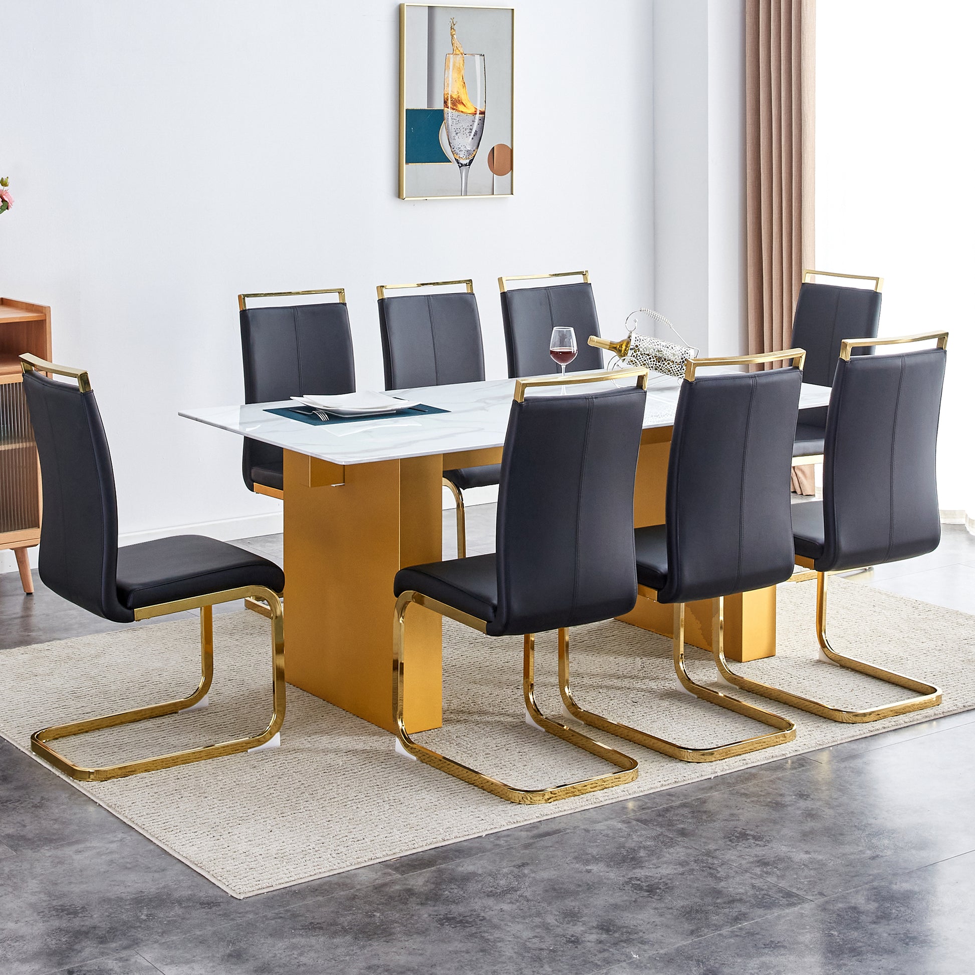 Table And Chair Set.Large Modern Rectangular Table With 0.4 Inch Patterned Glass Tabletop And Large Mdf Table Legs.Comes With 8 Chairs With Faux Leather Cushioned Seats And Golden Metal Legs. Gold White Seats 8 Mdf Glass