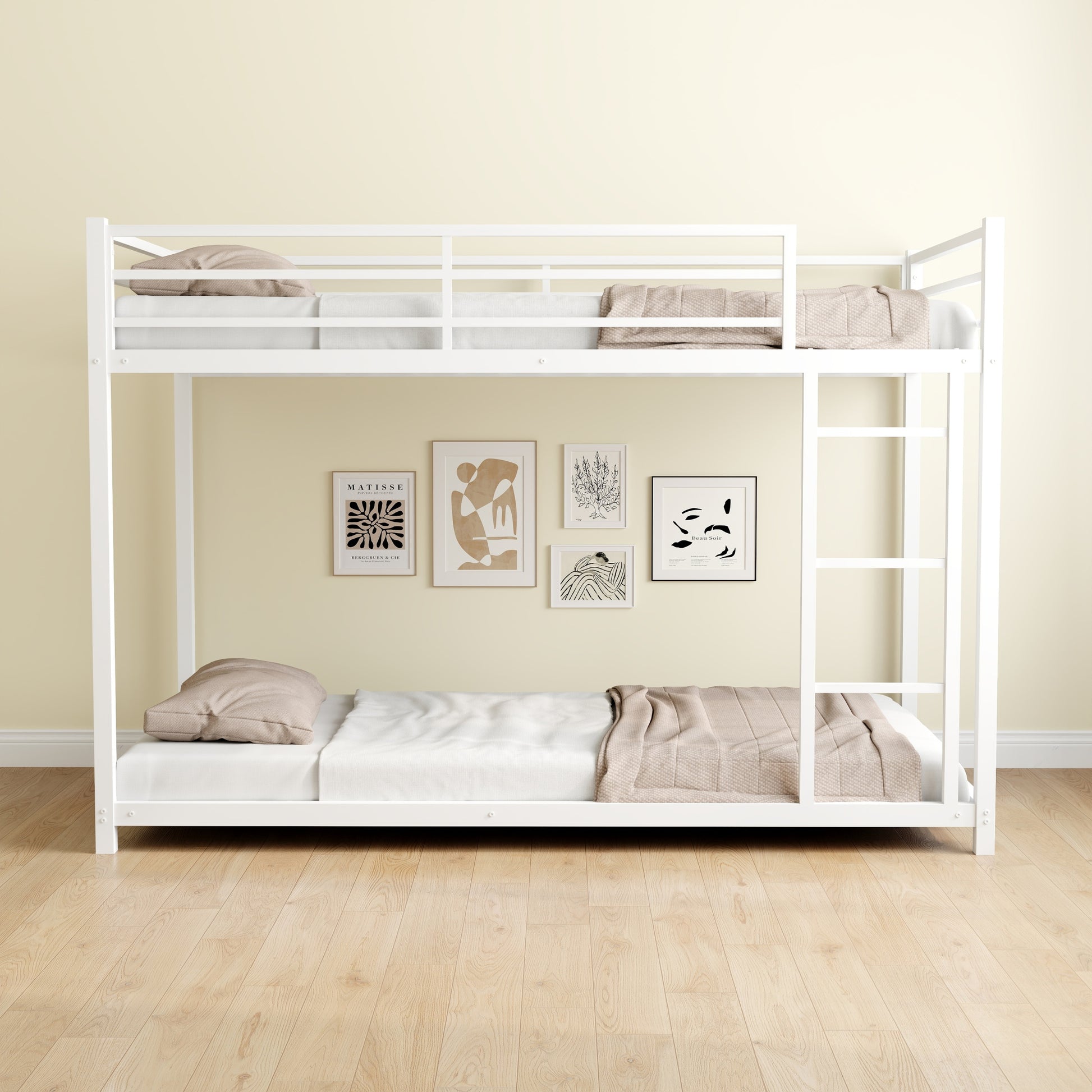 Metal Twin Over Twin Bunk Bed Heavy Duty Sturdy Metal Noise Reduced Safety Guardrail No Box Spring Needed,White Twin White Metal Metal