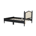 Full Size Wooden Platform Bed With Natural Rattan Headboard, Vintage Bed Frame With Wooden Slat Support, Black Box Spring Not Required Full Black Wood