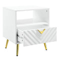 White High Gloss End Table With Shelf White Primary Living Space Mid Century Modern Drawers Rectangular Wood Metal