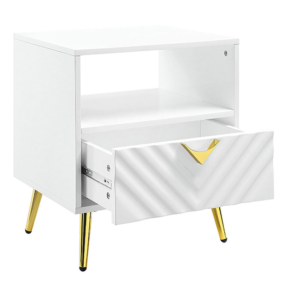 White High Gloss End Table With Shelf White Primary Living Space Mid Century Modern Drawers Rectangular Wood Metal