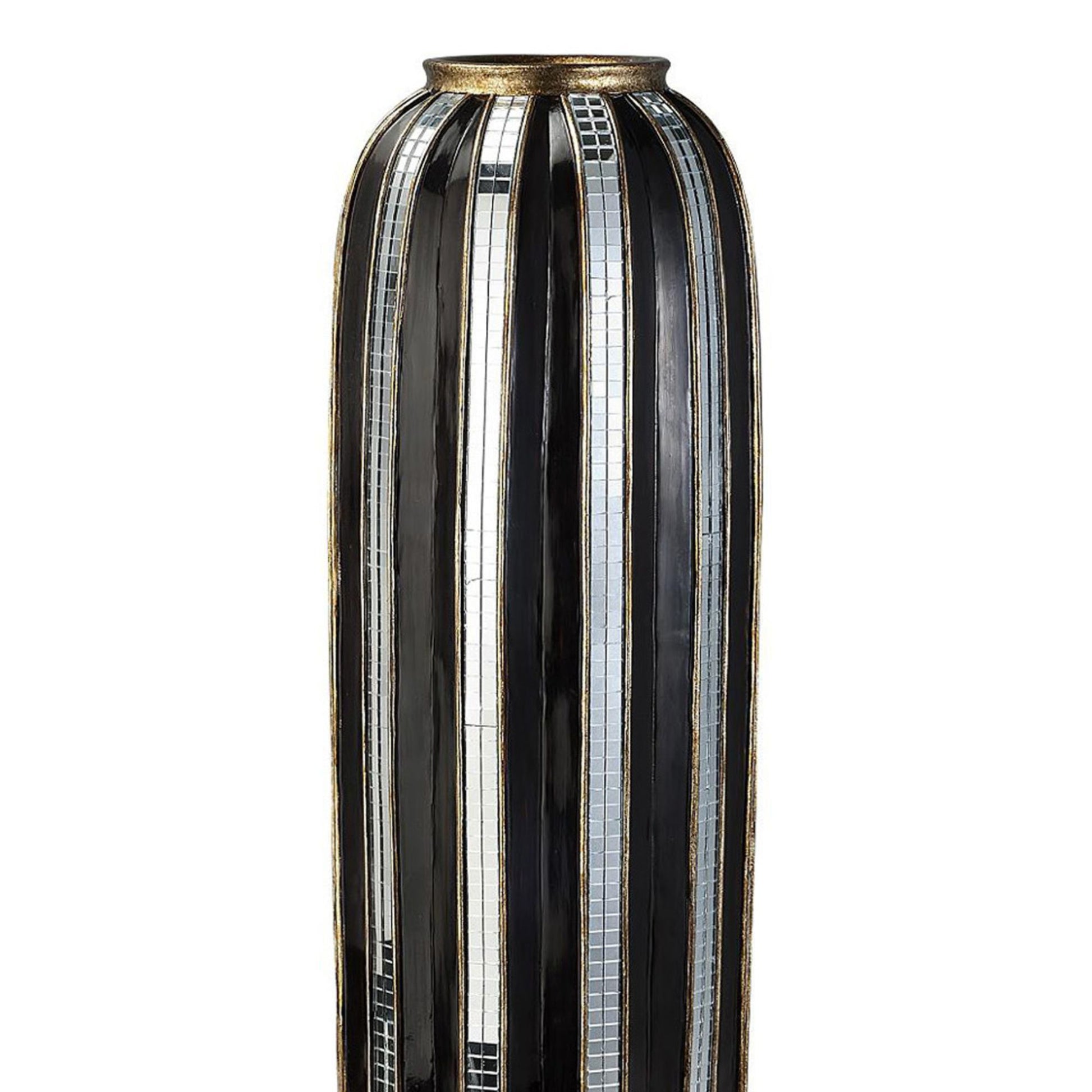 21" Tall Polyresin Decorative Vase, Gold Finish With Mosaic Glass Stripes Multicolor Polyresin