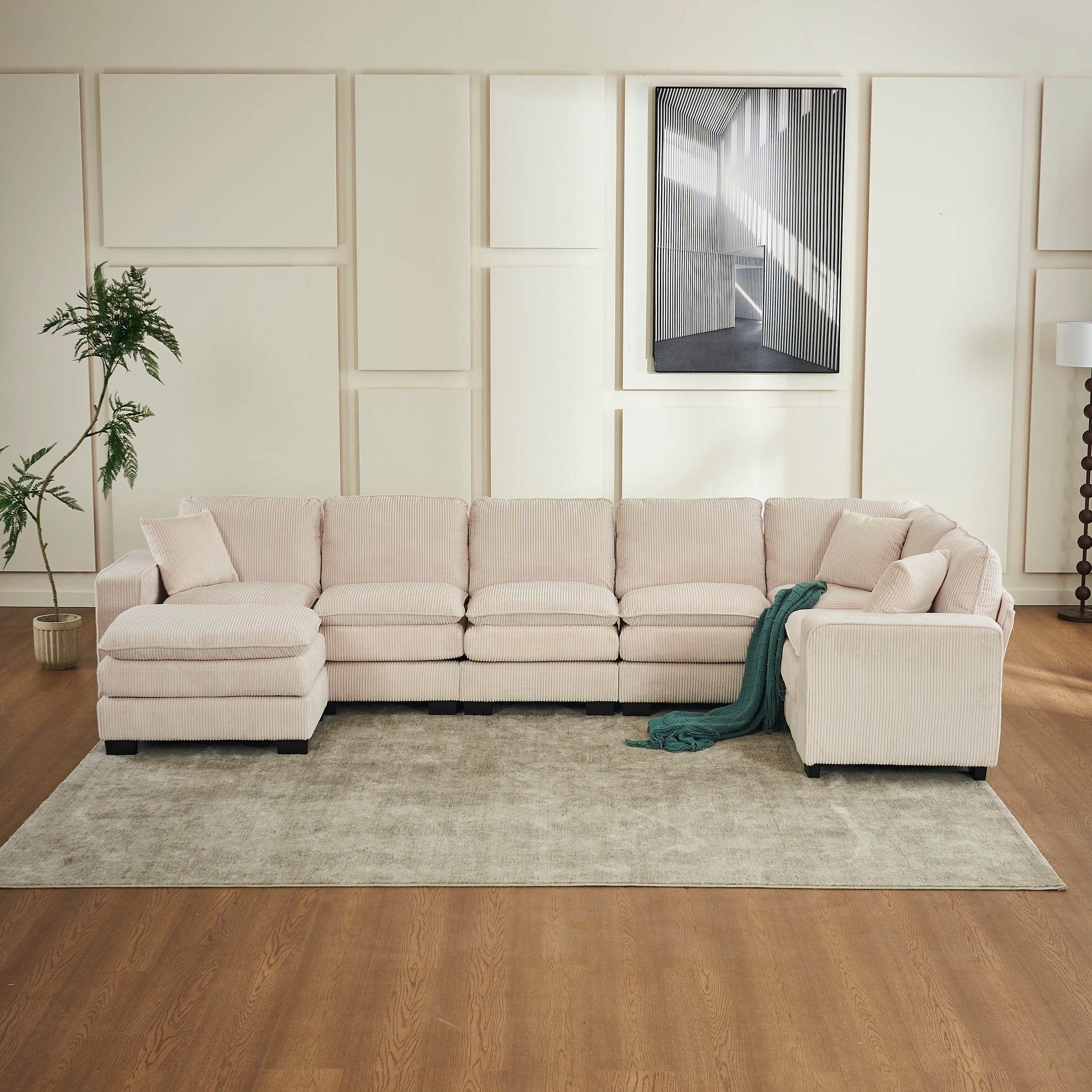 Modern U Shaped 6 Seat Sectional Sofa Couch With One Ottoman And Three Toss Pillows ,Modular Sofa For Living Room,Corduroy Sofa White Corduroy 7 Seat
