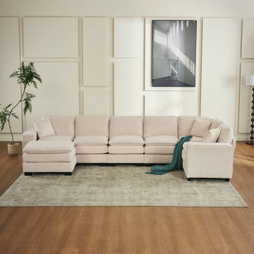 Modern U Shaped 6 Seat Sectional Sofa Couch With One Ottoman And Three Toss Pillows ,Modular Sofa For Living Room,Corduroy Sofa White Corduroy 7 Seat