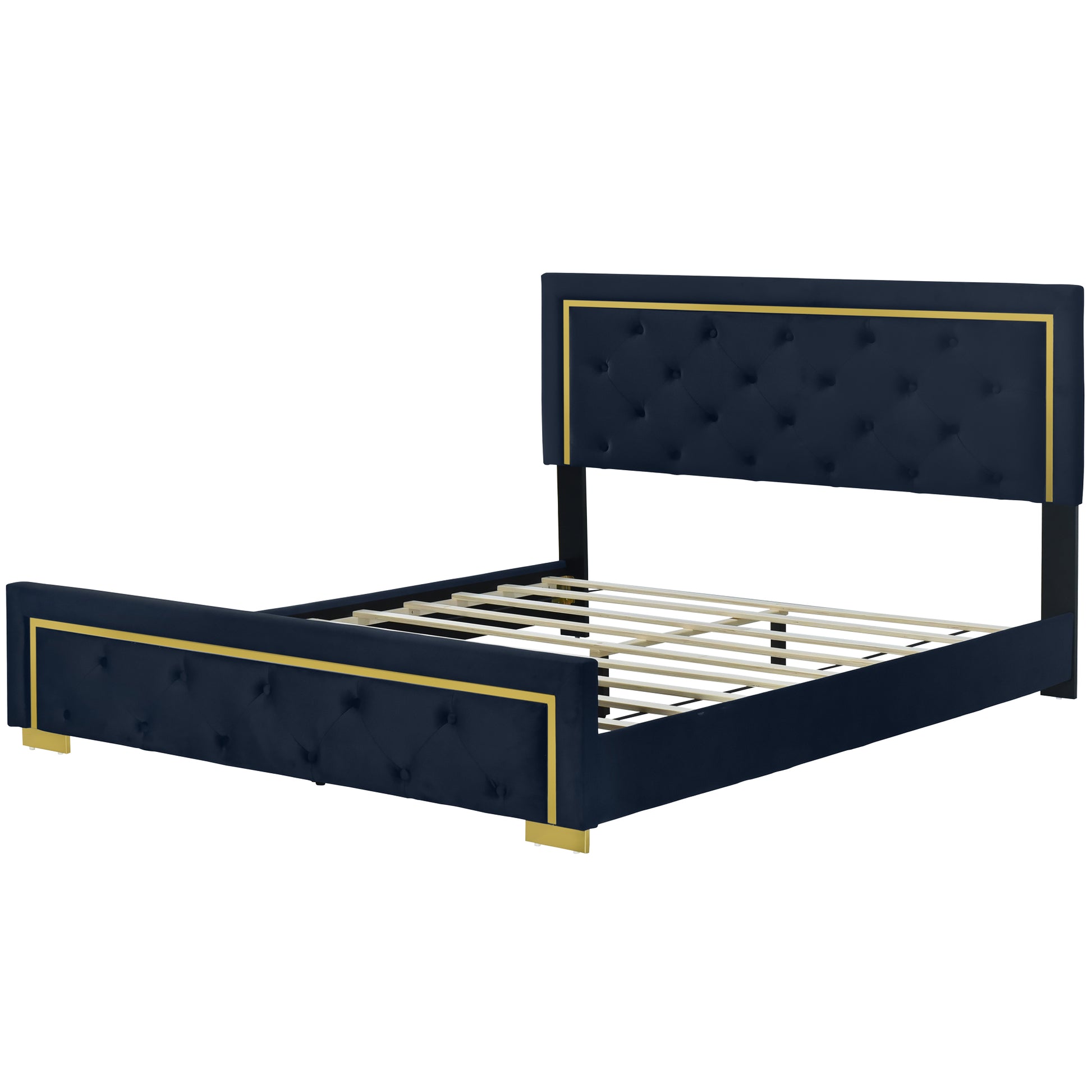 Queen Size Upholstered Platform Bed With Pull Point Headboard And Metal Wire Frame At The Head And Foot Of The Bed, Metal Feet, Velvet, Black Queen Black Mdf Lvl