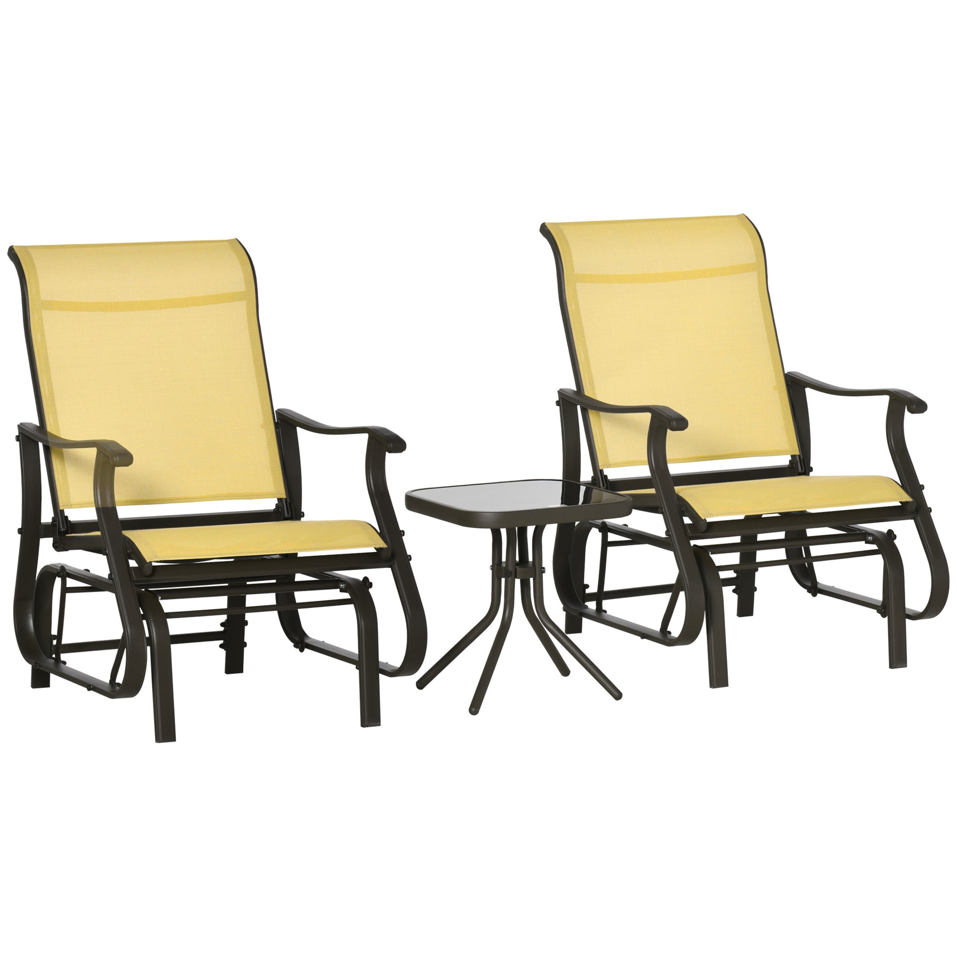 Outsunny 3 Piece Outdoor Gliders Set Bistro Set With Steel Frame, Tempered Glass Top Table For Patio, Garden, Backyard, Lawn, Beige Beige Fabric Metal