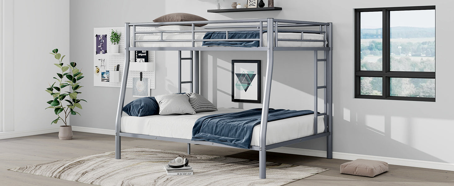 Full Xl Over Queen Metal Bunk Bed With Ladder And Guardrails, Silver Box Spring Not Required Full Xl Silver Metal Metal
