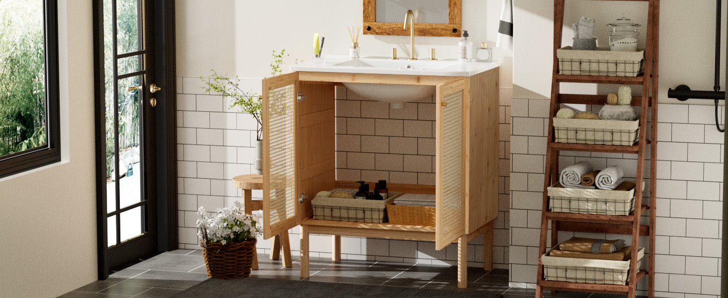 30 Inch Bathroom Vanity Crafted From Natural Materials, Featuring Handmade Rattan Doors And Soft Closing Mechanisms Wood Wood Rattan