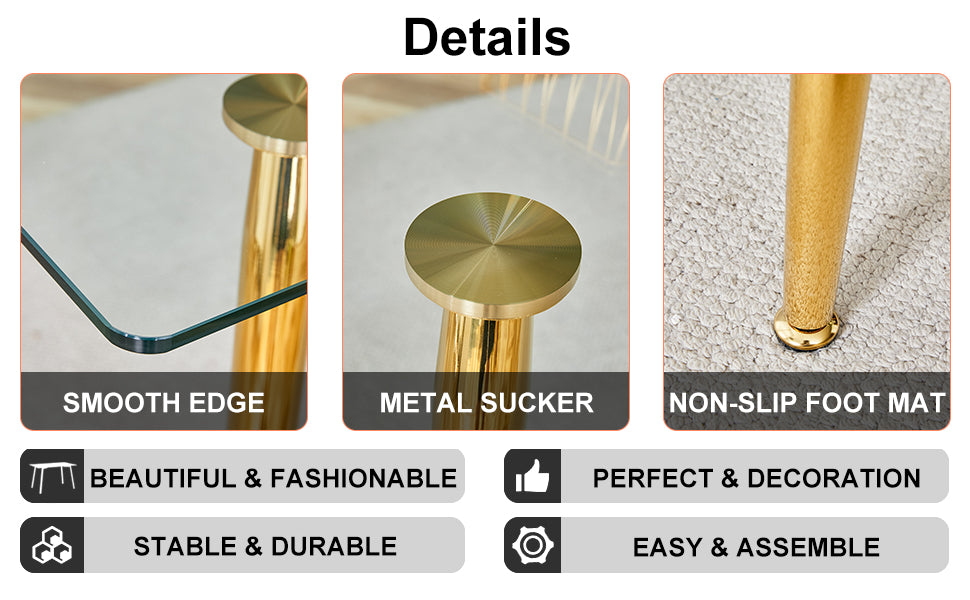 Table And Chair Set.Modern Rectangular Glass Dining Table With A Tempered Glass Tabletop And Metal Legs, Paired With Multiple Chairs Designed With Pu Cushions And Golden Metal Legs. White Gold Seats 8 Tempered Glass