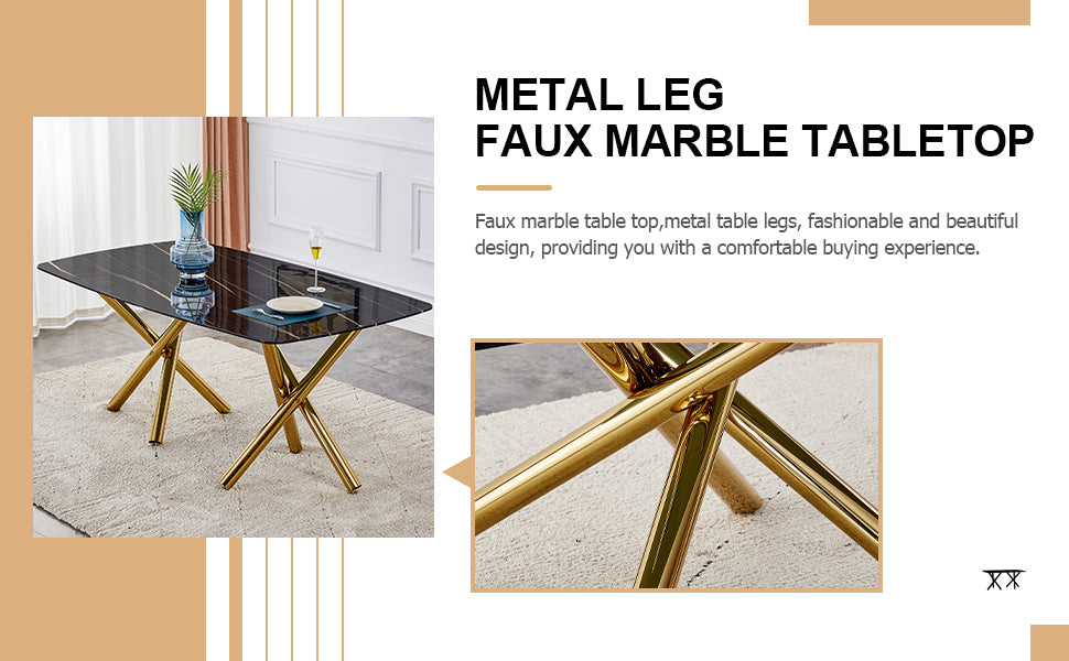 Large Modern Minimalist Rectangular Dining Table With 0.39 "Imitation Marble Black Desktop And Gold Metal Legs, Paired With 8 Chairs With Pu Cushions And Black Metal Legs.F 1538 C 007 Black Gold Glass Metal
