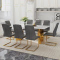 Table And Chair Set.The Table Has A Glass Tabletop With Imitation Marble Pattern Stickers And Stainless Steel Golden Table Legs. Paried With Comfortable Chairs With Pu Seats And Metal Legs. White Gold Seats 8 Glass Metal
