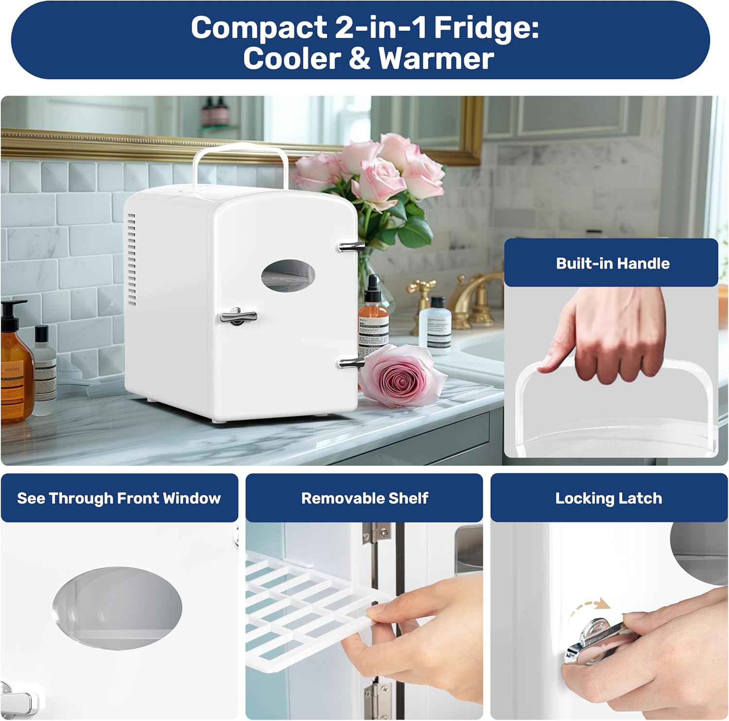9 Cans Compact Mini Fridge, Warmer And Cooler Portable Refrigerator With Observation, Freon Free & Eco Friendly, 6L With Window, White White Polypropylene