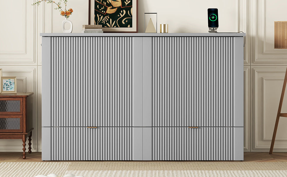 Queen Size Murphy Bed Wall Bed With Drawer And A Set Of Sockets & Usb Ports, Pulley Structure Design, Gray Queen Gray Plywood