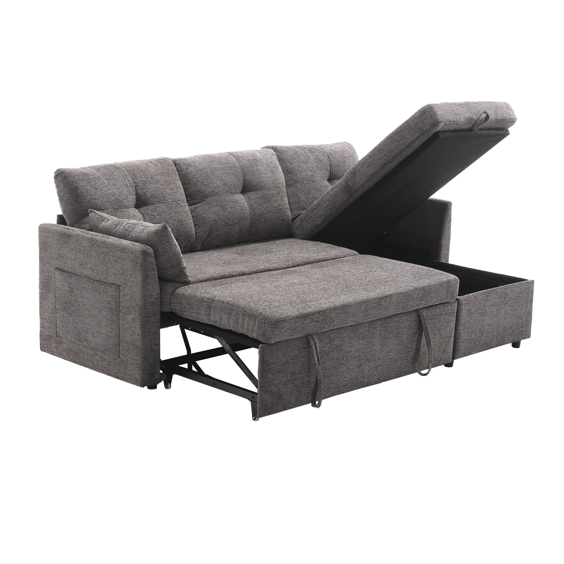 United We Win Furniture, Modular L Shaped Sofa, Modular Long Sofa With Reversible Chaise Lounge, Sofa Bed, Sleeper Sofa, Modular Sofa Combination With Storage Seats. Dark Gray Chenille 3 Seat