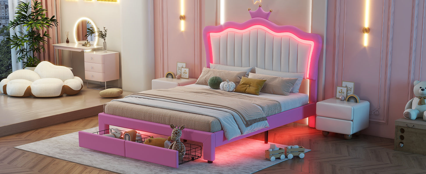 Full Size Upholstered Bed Frame With Led Lights, Modern Upholstered Princess Bed With Crown Headboard, 2 Drawers, Pink White Box Spring Not Required Full Pink White Wood Bathroom Modern Bed Frame Pu