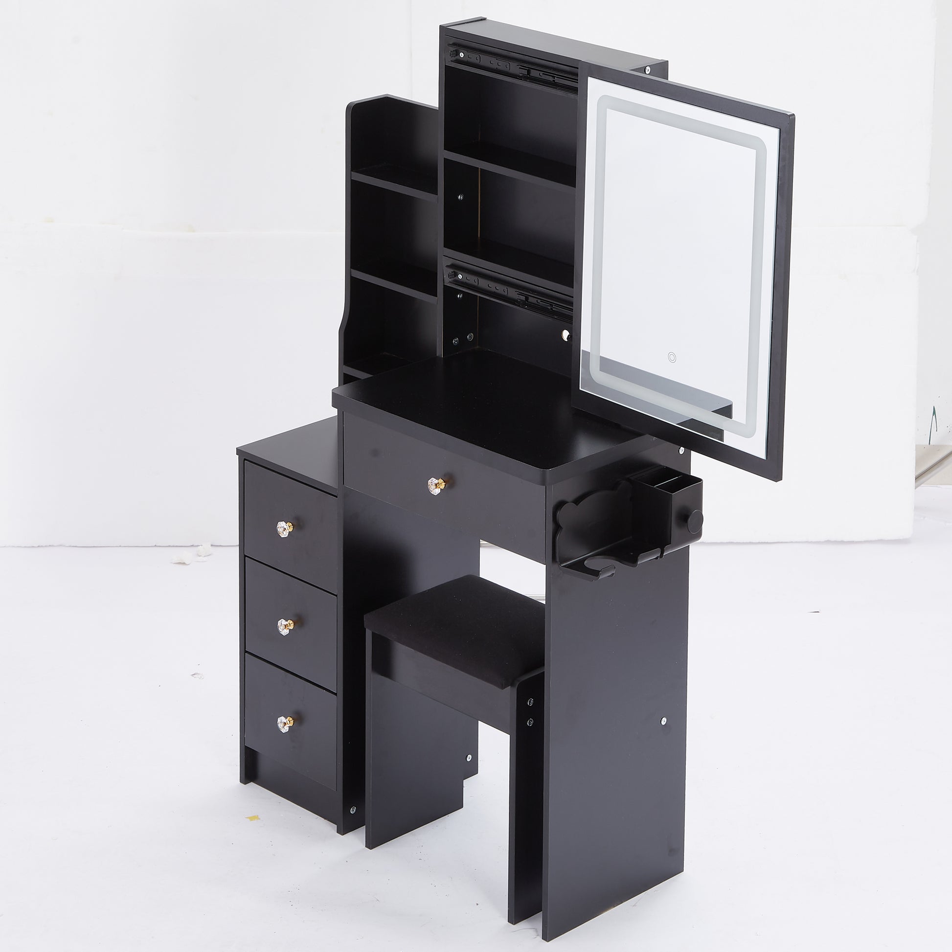 Small Size Left Bedside Cabinet Vanity Table Cushioned Stool, 2 Ac 2 Usb Power Station, Hair Dryer Bracket, Extra Large Touch Control Sliding Led Mirror, Tri Color Switching, Epa,Gcc,Ul Certificate