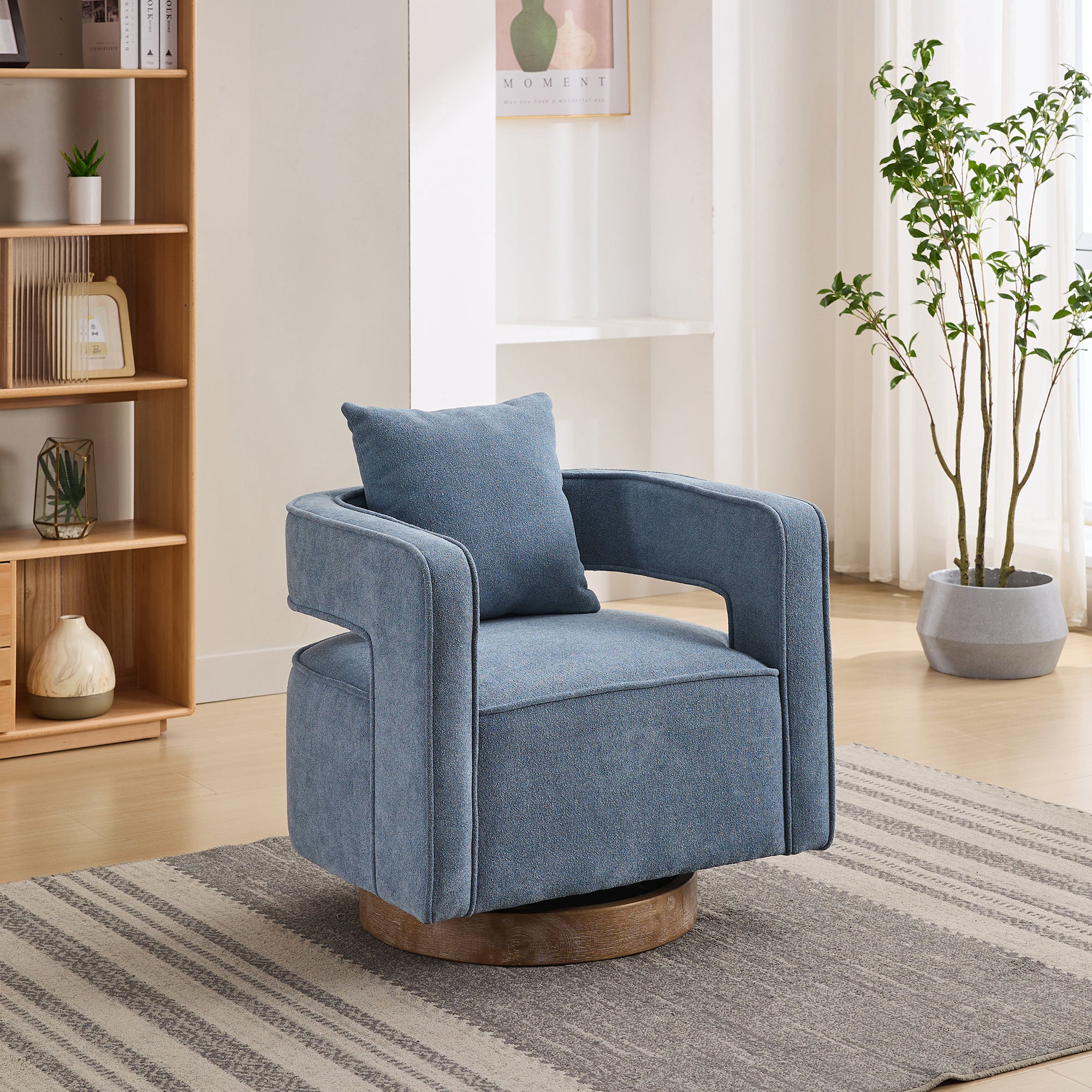 29.1"W Swivel Accent Open Back Chair Modern Comfy Sofa Chair With Weathered Base For Nursery Bedroom Living Room Hotel Office, Club Chair Leisure Arm Chair For Lounge Pale Blue,Linen Blend Blue Linen Blend