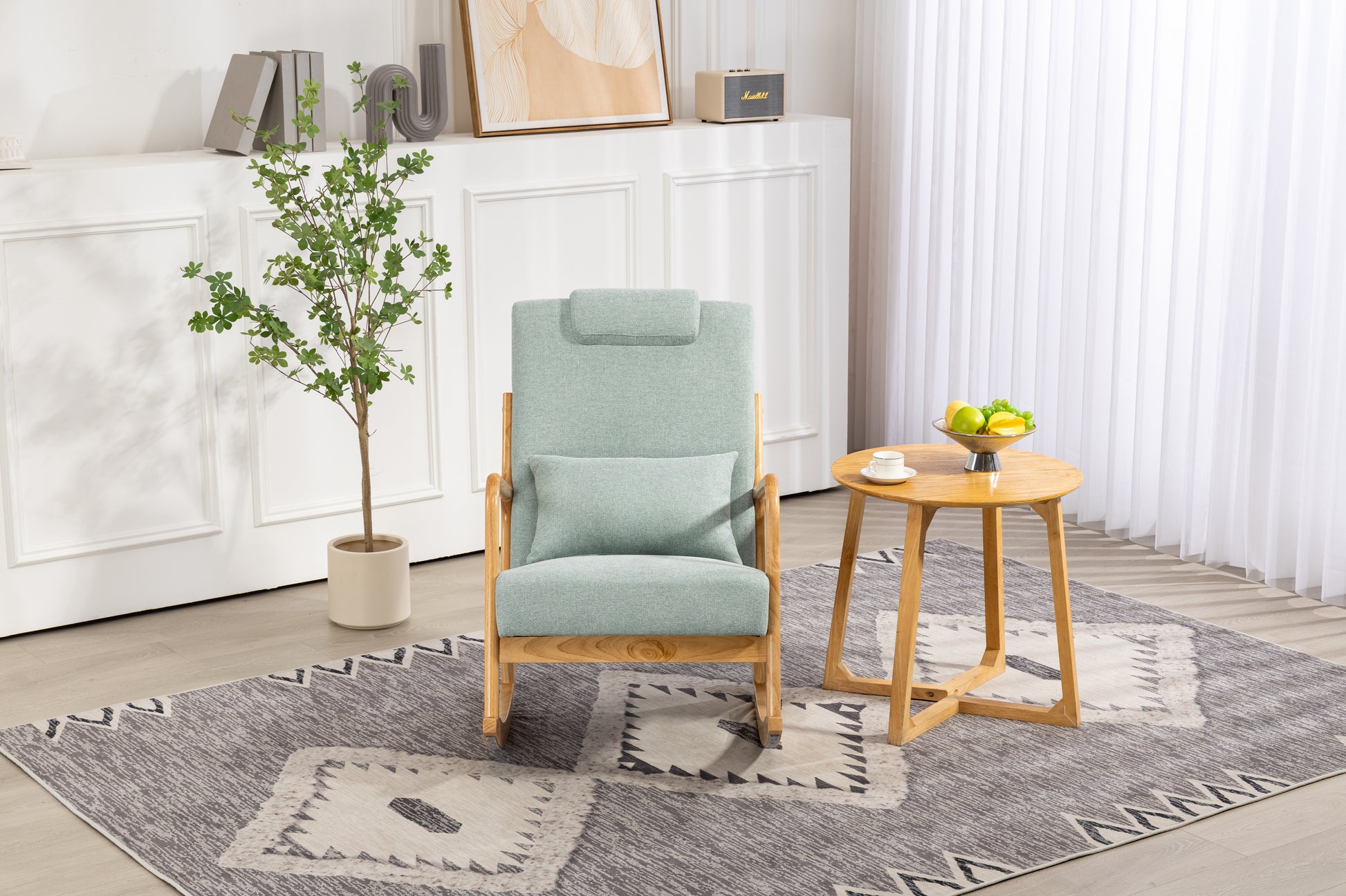 Rocking Chair Upholstered Fabric Rocking Armchair Indoor With High Backrest Glider Chairs And Lumbar Pillow For Living Room Light Green Linen