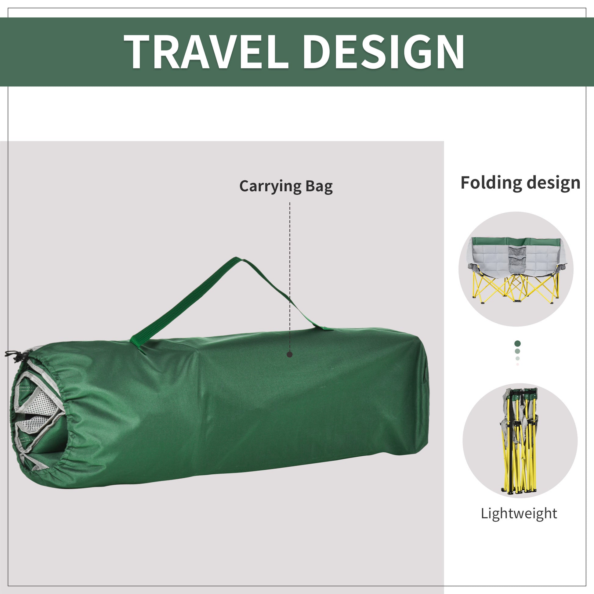 Outsunny Loveseat Style Camping Chair, Oversized Folding Lawn Chair With Carry Bag & Cup Holders, For Outdoor, Beach, Picnic, Hiking, Travel, Green & Gray Green Metal