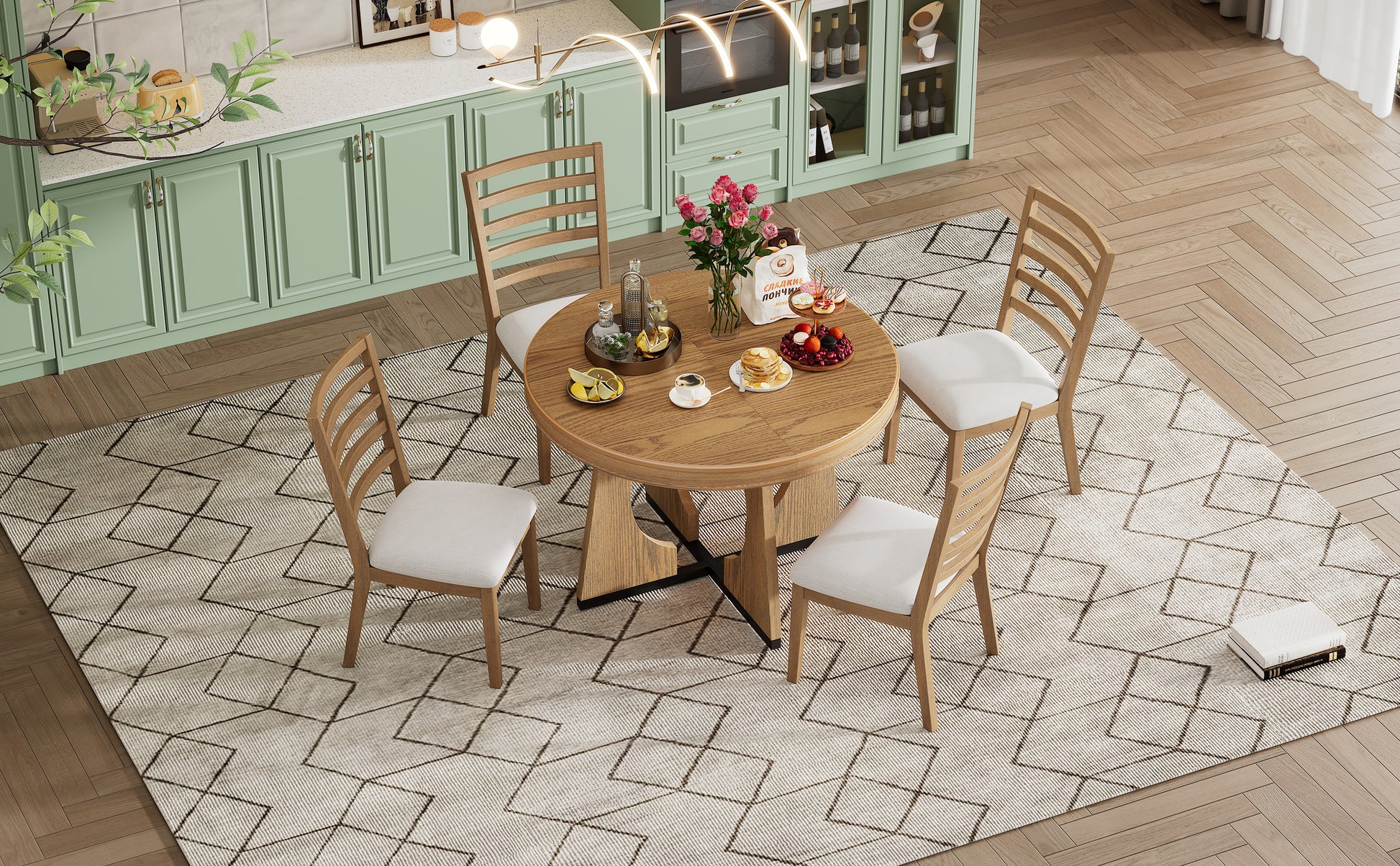 5 Piece Retro Rustic Functional Dining Set Unique Geometric Design, 1 Extendable Table With A 16 Inch Leaf And 4 Upholstered Chairs Ideal For Dining Room And Kitchen Natural Natural Solid Wood Mdf