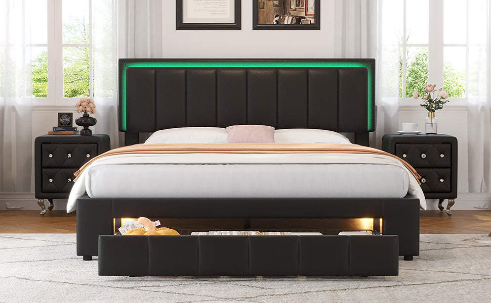 3 Pieces Bedroom Sets,Queen Size Upholstered Bed With Led Lights And Two Motion Activated Night Lights,Pu Nightstand With 2 Drawers And Crystal Handle,Black Queen Black 3 Piece Set Wood