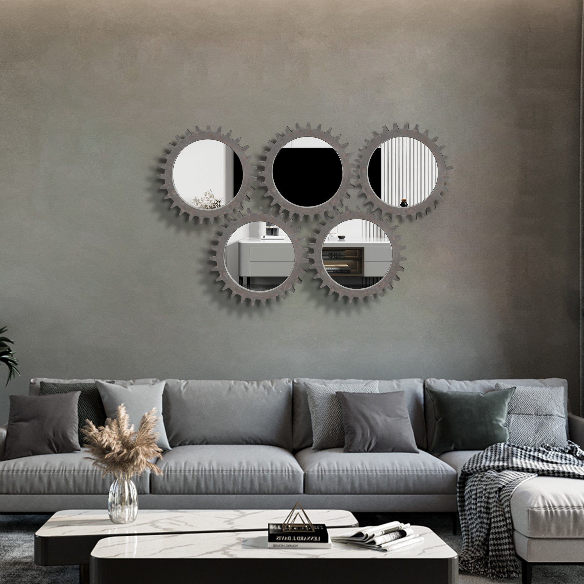 Vintage 17'' X 17'' Wood Round Hanging Gear Shape Decorative Mirror Patchwork Effect With Large Size Mirrors Individually On Art Walls,Sold Individually Antique Dark Brown Dark Brown American Design Mdf Glass Mirror