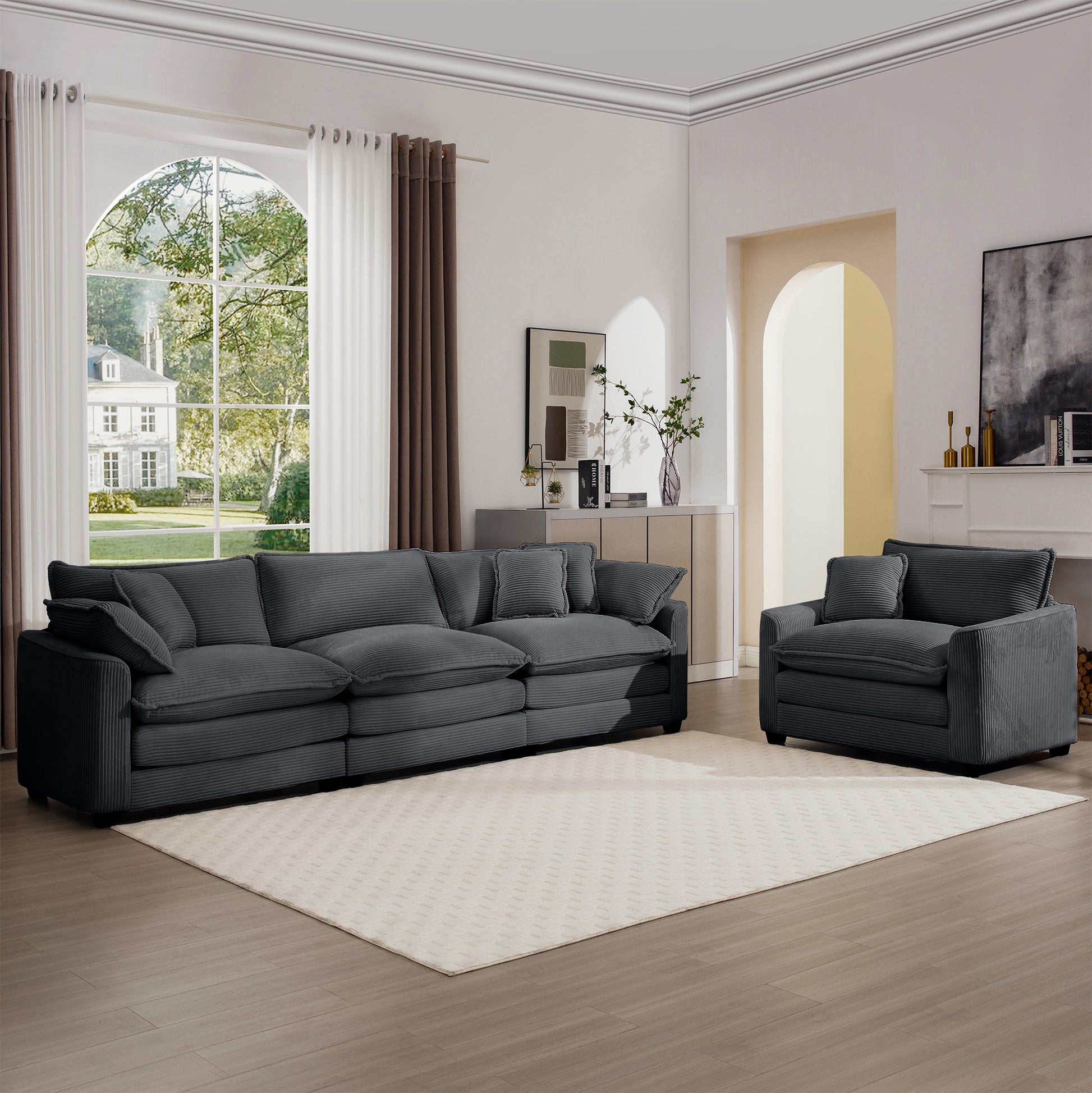 Mid Century Modern Sectional Set Of Two, One 3 Seater Sectional And One Single Seater Sectional With 2 Arm Pillows And 4 Throw Pillows, Living Room Sectional Grey Corduroy Fabric Grey Corduroy 4 Seat