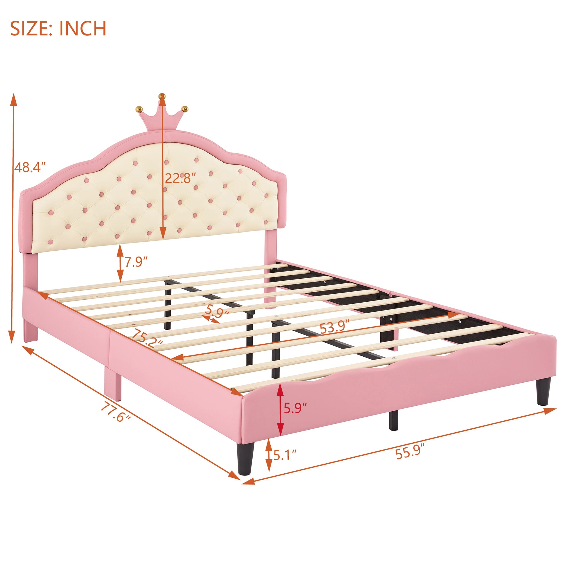 Full Size Lovely Crown Fantasy Pu Leather Princess Bed With Tufted Headboard, Pink Cream Full Pink Mdf Lvl