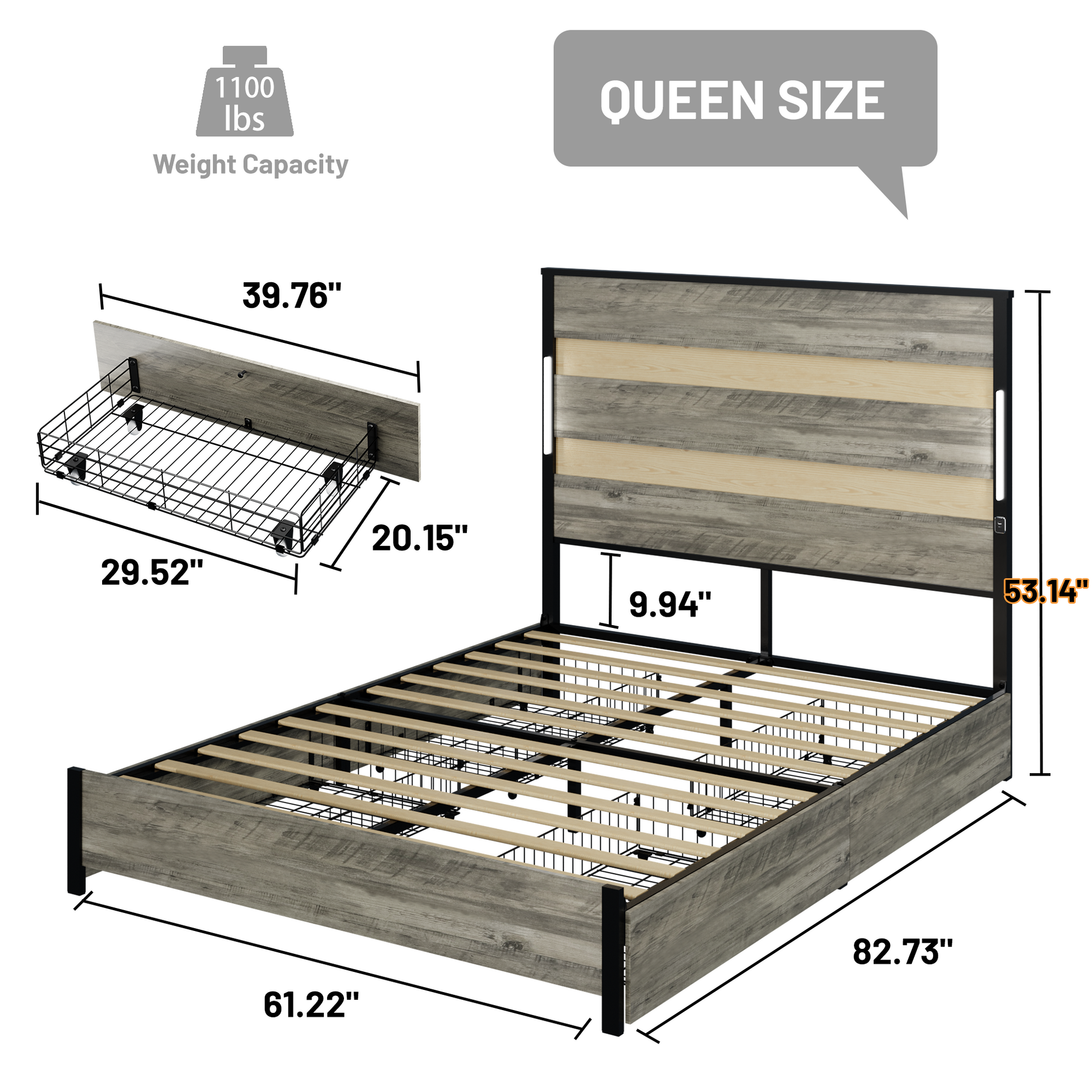Queen Size Bed Frame With Headboard And 4 Storage Drawersqueen Bed Frame With Charging Station And Led Lights, Wood Slats, Easy Assembly,No Box Spring Needed,Industrial Gray Box Spring Not Required Queen Antique Gray Metal Bedroom Bed Frame Mdf Metal