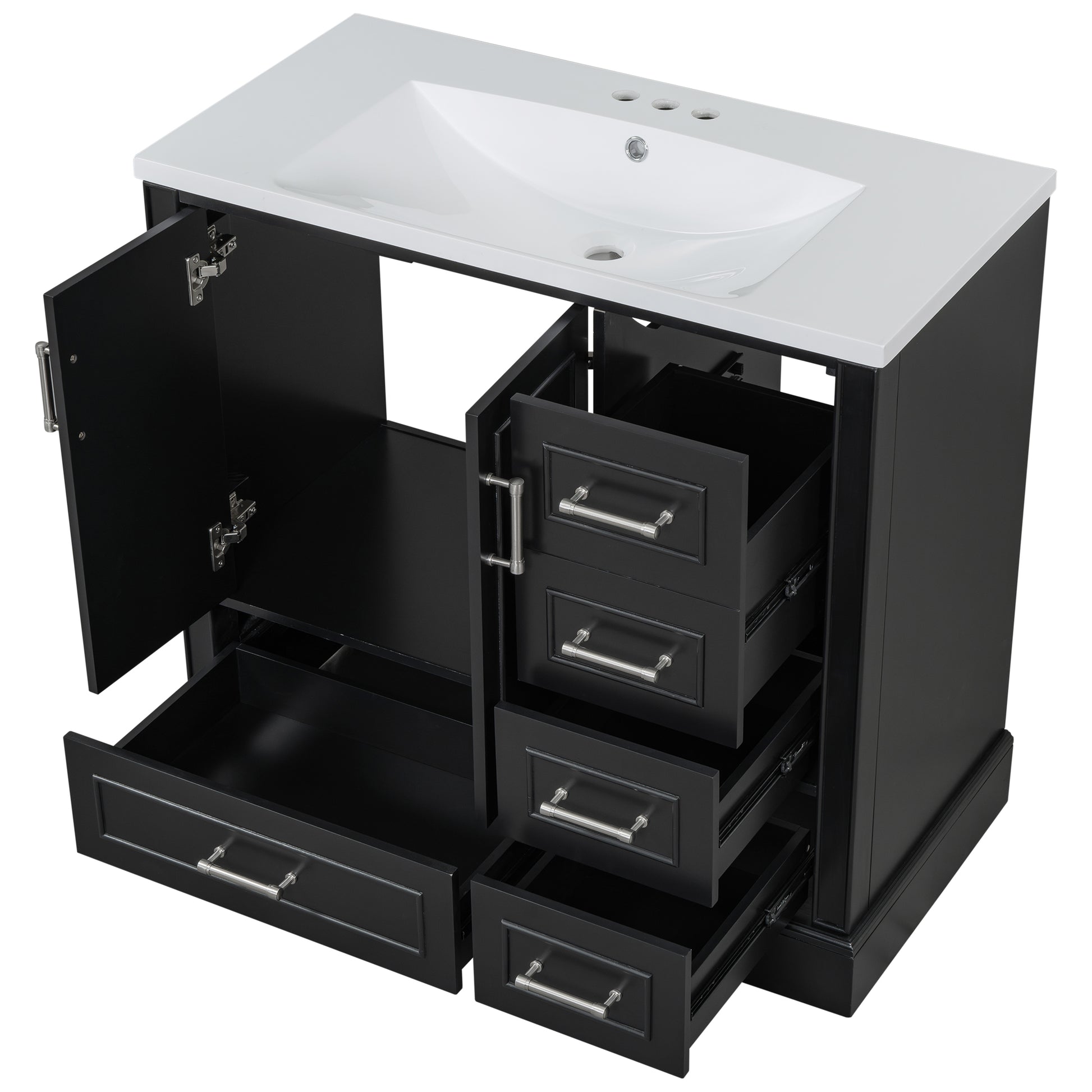 36 Inch Traditional Bathroom Vanity With Resin Sink Combo Set, Black Bathroom Cabinet With Two Doors And Four Drawers Black Bathroom Solid Wood Mdf Resin