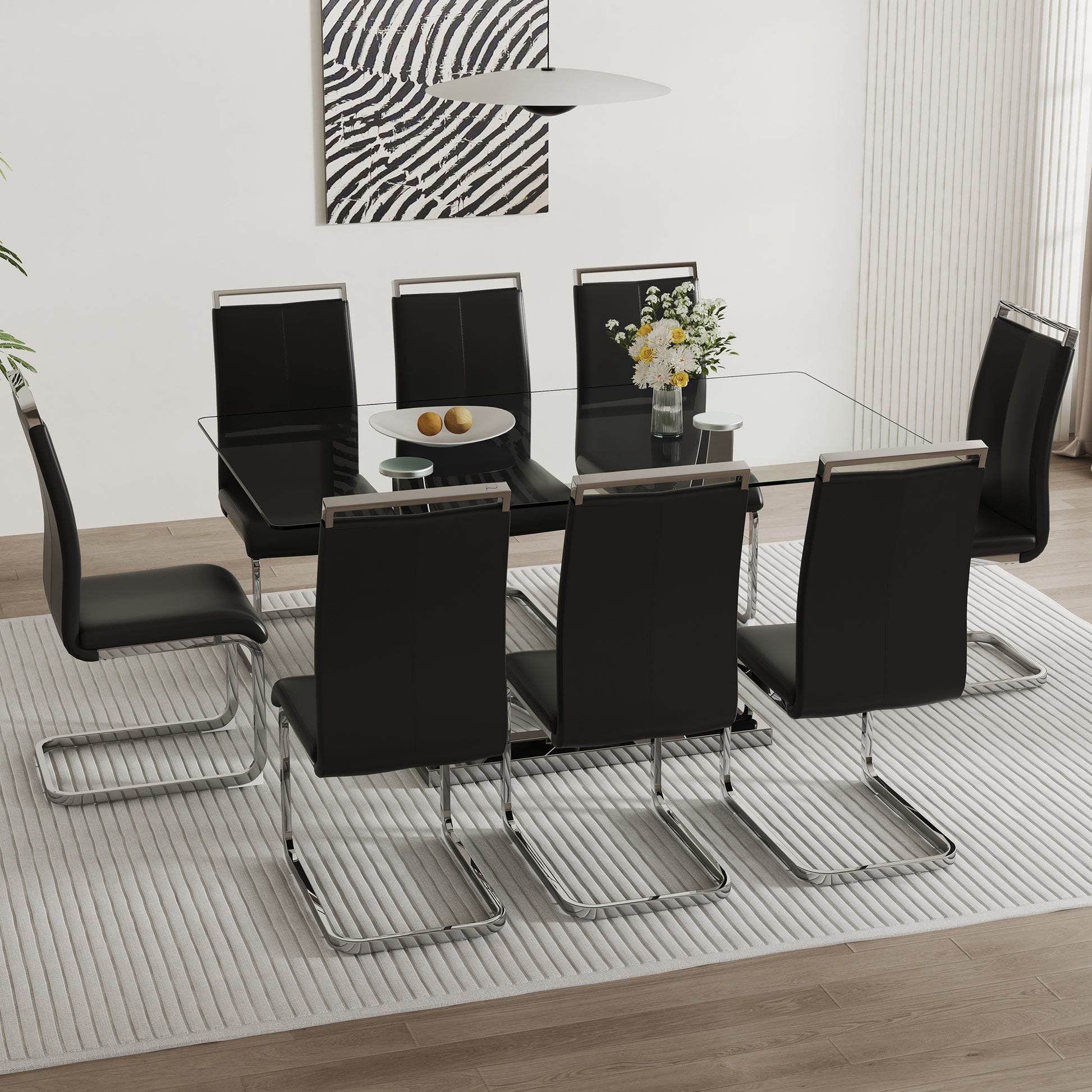Table And Chair Set. Large Modern Rectangular Table With Glass Top And Silver Metal Legs. Furnished With Soft And Comfortable Pu Chairs With Faux Leather Upholstered Seats And Silver Metal Legs. Black Silver Seats 8 Glass Metal