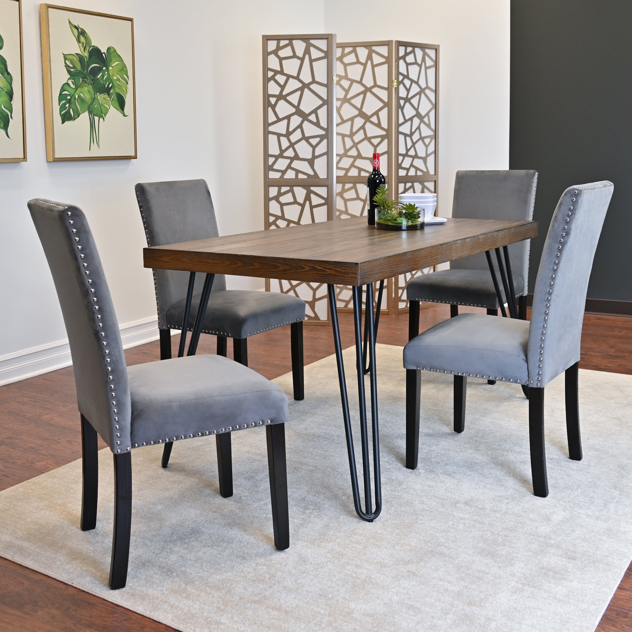 Aso 5 Piece Dining Set, Hairpin Dining Table With 4 Chairs, 3 Color Options Brown Metal Dining Room Fixed Table Rubberwood Rectangular Dining Table With Chair Metal Wood Brown Seats 4 Rectangular 4 Leg Mdf Metal