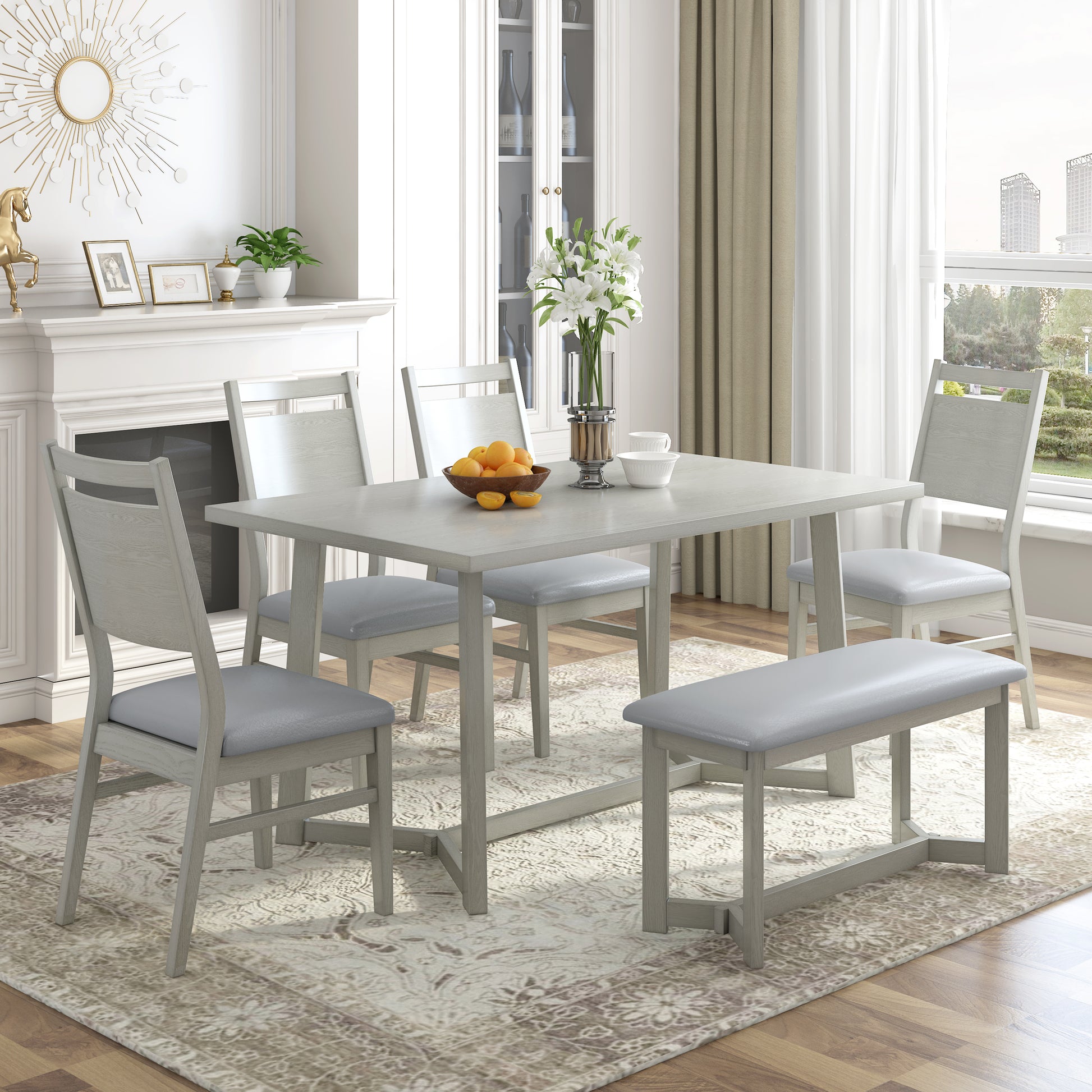 Farmhouse 6 Piece Wood Dining Table Set With 4 Upholstered Chairs And Bench, Gray Gray Wood Dining Room Bench Seating Rubberwood Rectangular Dining Table With Chair And Bench Upholstered Chair Wood Gray Solid Back Seats 6 Farmhouse Trestle Foam Solid
