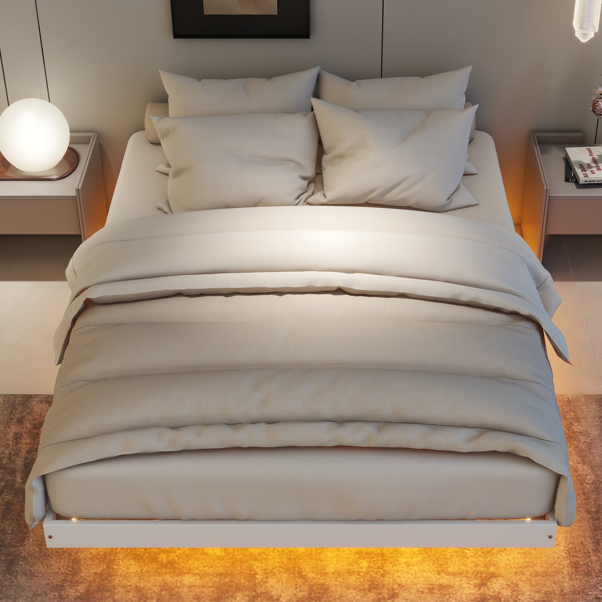 Full Size Floating Bed With Led Lights Underneath,Modern Full Size Low Profile Platform Bed With Led Lights,White Full White Wood Bedroom American Design Pine Bed Frame Pine