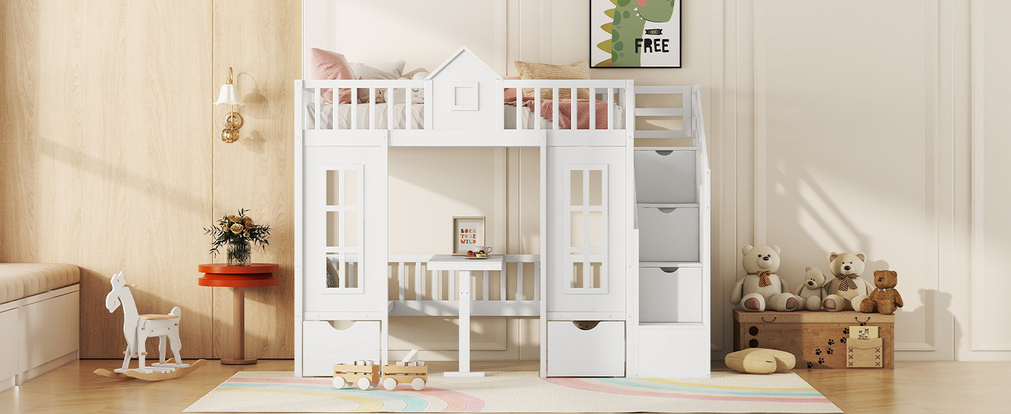 Twin Over Twin Bunk Bed With Changeable Table, Bunk Bed Turn Into Upper Bed And Down Desk White Twin White Solid Wood