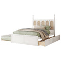 Queen Size Rattan Platform Bed With With 2 Big Drawers, T Size Trundle, White Queen White Plywood