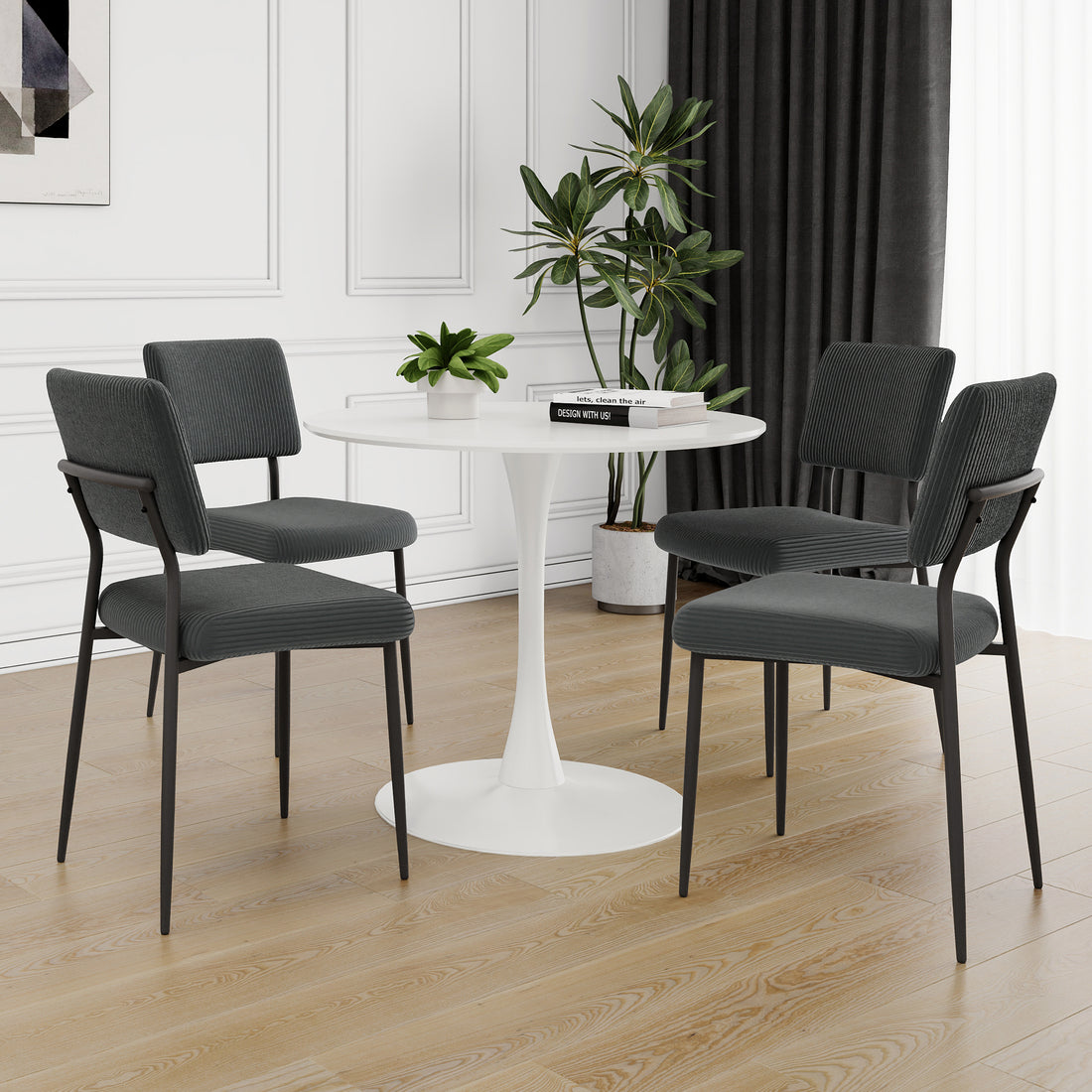 Modern Grey Simple Velvet Dining Chair Fabric Upholstered Chair Family Bedroom Stool Back Dressing, White Round Table Set, Chair Black Metal Legs Set Of 5 White Mdf
