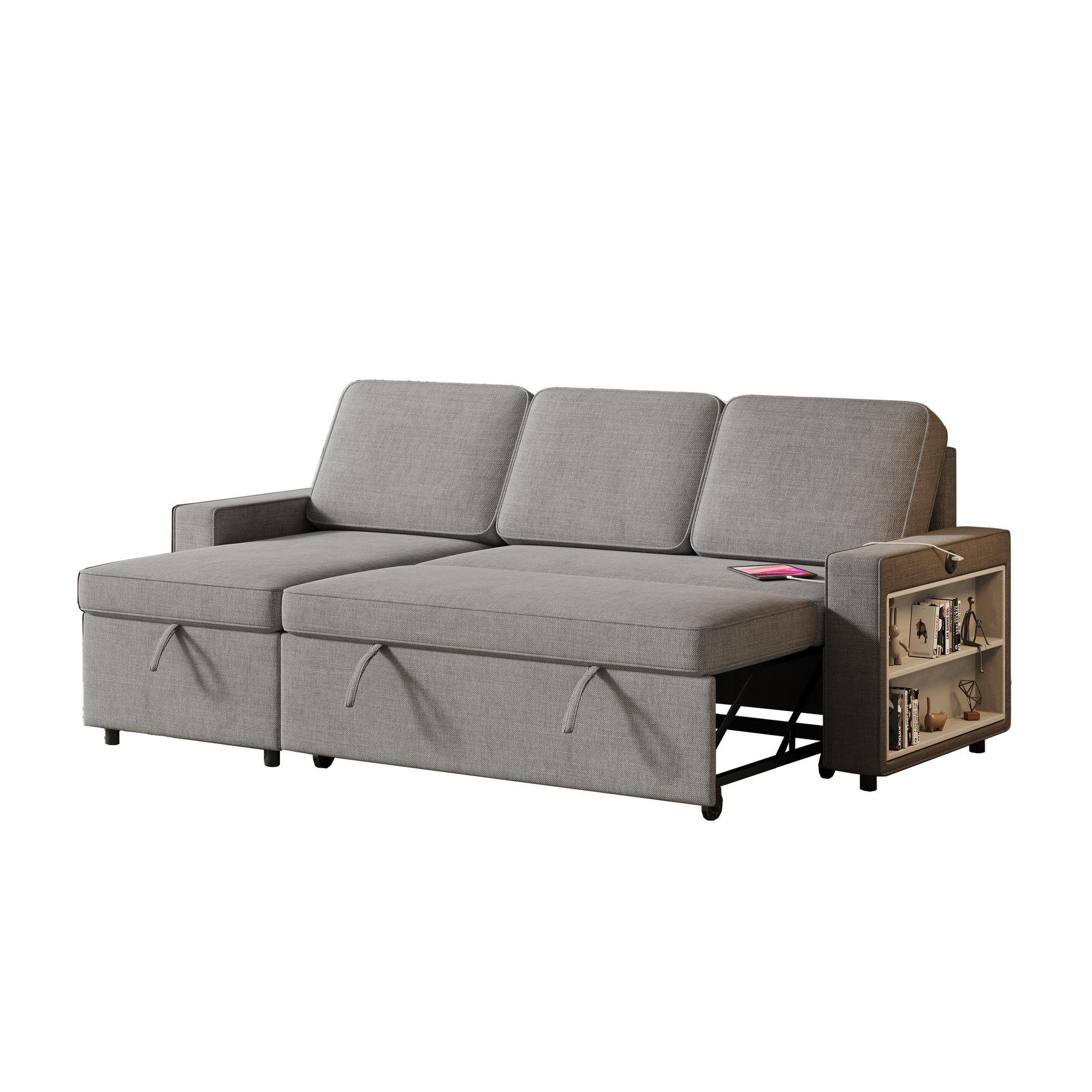 85.8" Pull Out Sleeper Sofa L Shaped Couch Convertible Sofa Bed With Storage Chaise And Storage Racks,With Usb Port And T Pyce Port Dark Grey Fabric 3 Seat